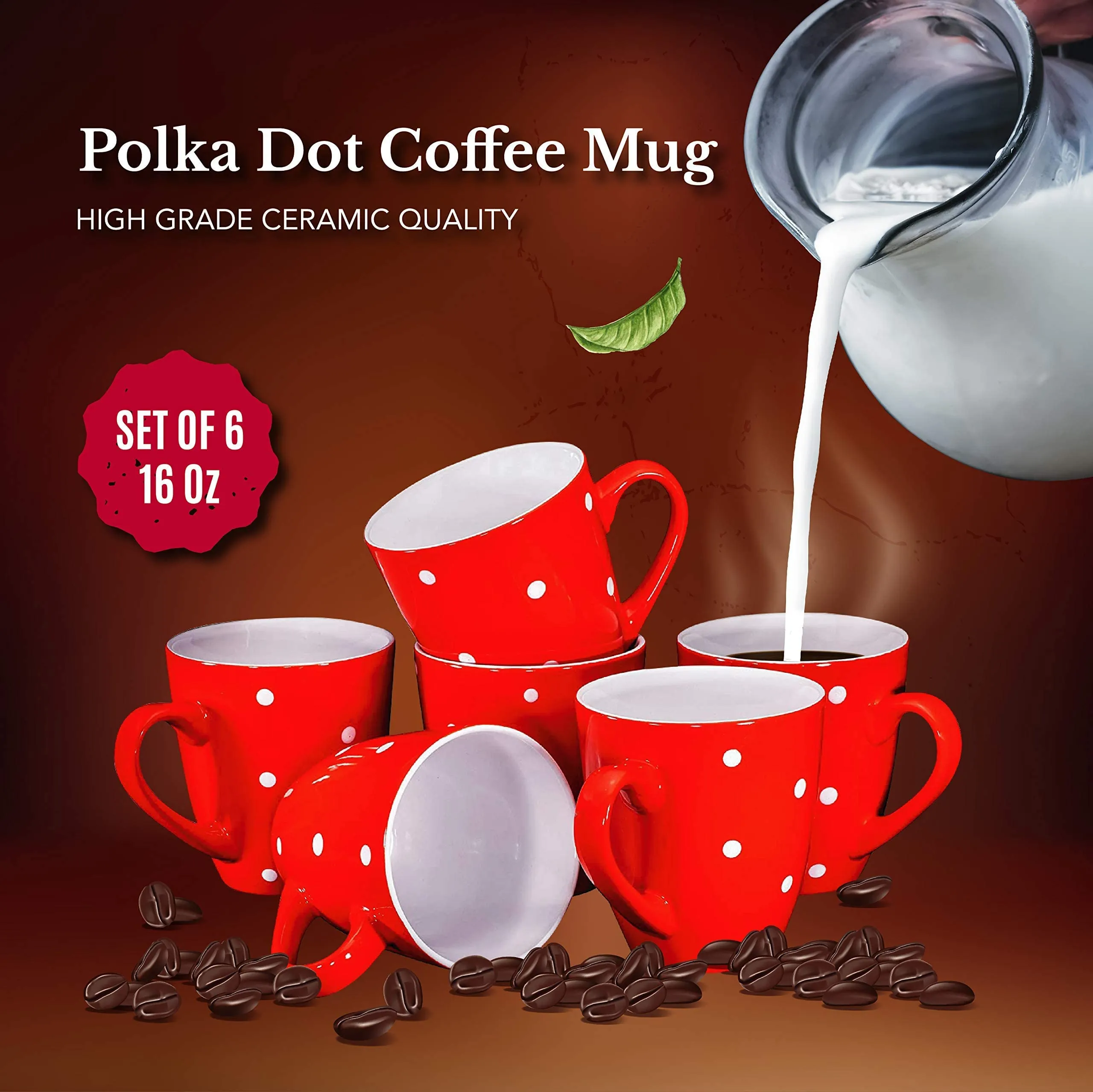 Polka Dot Coffee Mug Set Set of 6 Large-sized 16 Ounce Ceramic Coffee Mugs Restaurant