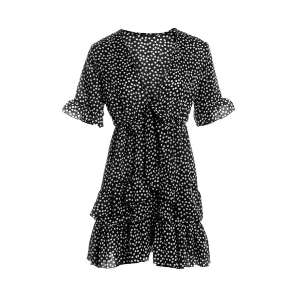 Polka Dot Ruffle Knot V-Neck Mini Dress