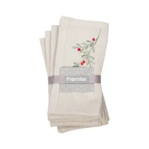 Premier Embroidered Chambray Holly Napkins (Pack of 4)