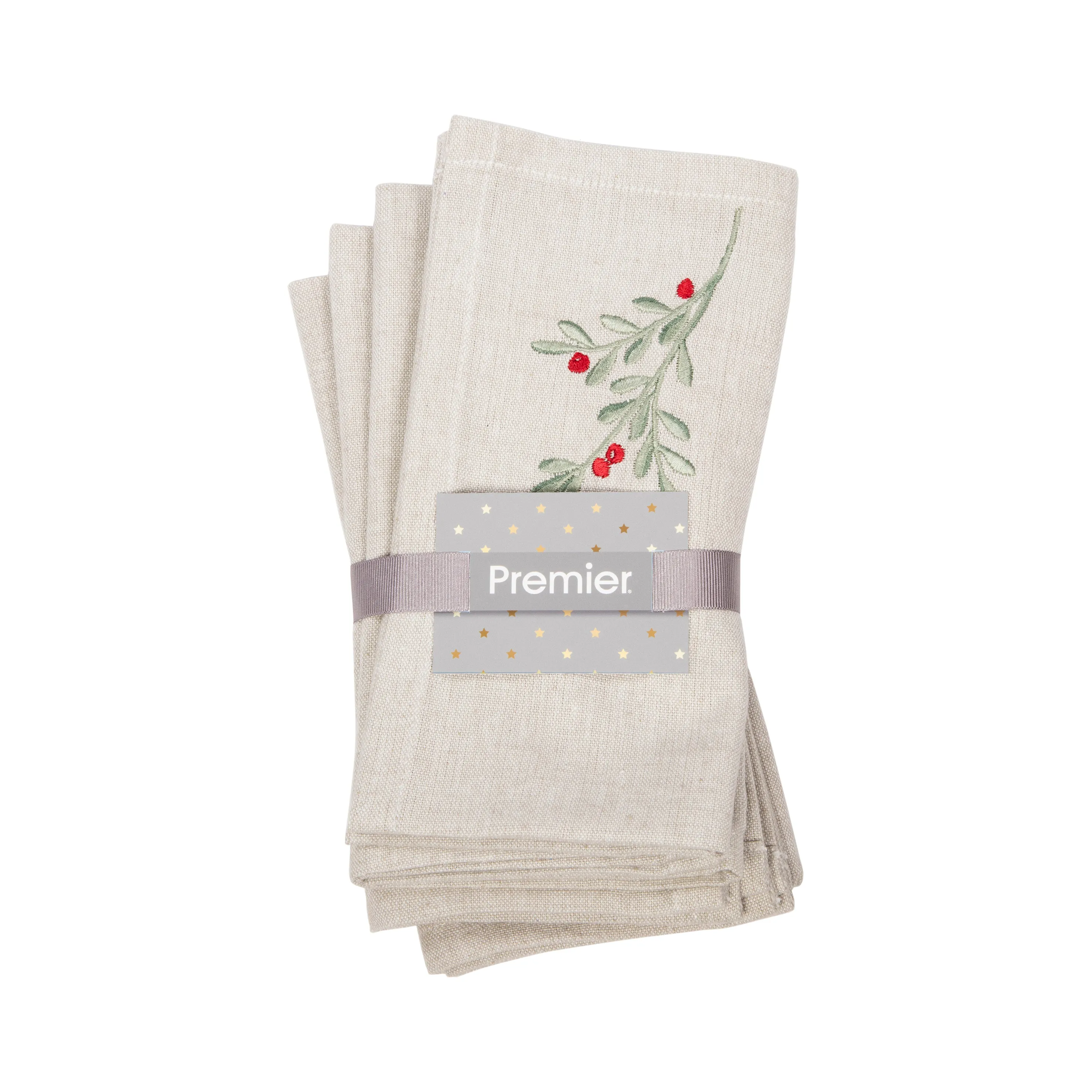 Premier Embroidered Chambray Holly Napkins (Pack of 4)