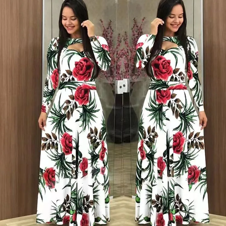 Print Pattern Hollow Out Sweetheart Collar Boho Maxi Long Dress