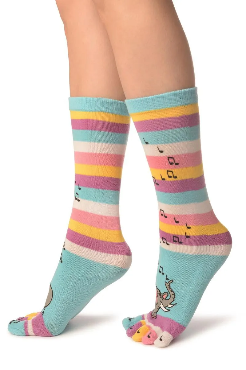 Printed Singing Elephants On Striped Blue Toe Socks