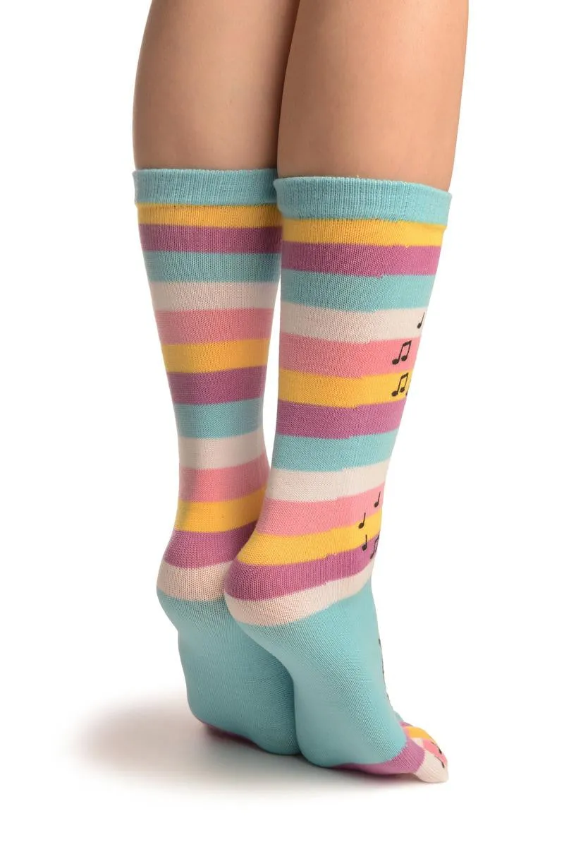 Printed Singing Elephants On Striped Blue Toe Socks