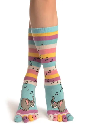 Printed Singing Elephants On Striped Blue Toe Socks