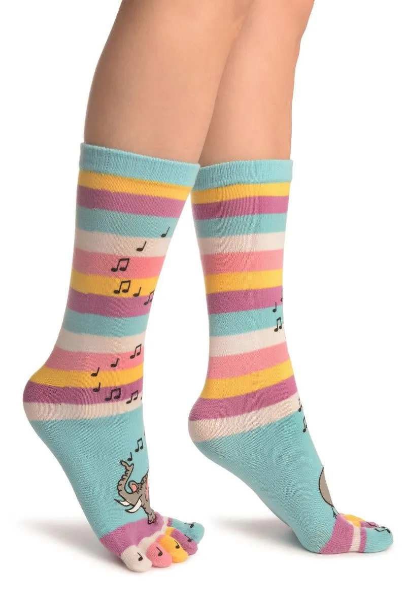 Printed Singing Elephants On Striped Blue Toe Socks