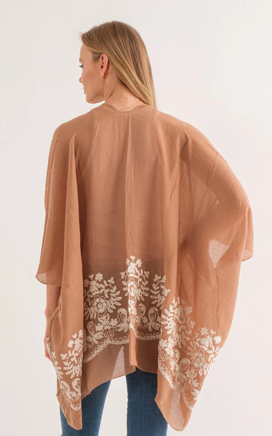 RAJ BLANCHE MOCHA BORDER EMBROIDERED KIMONO