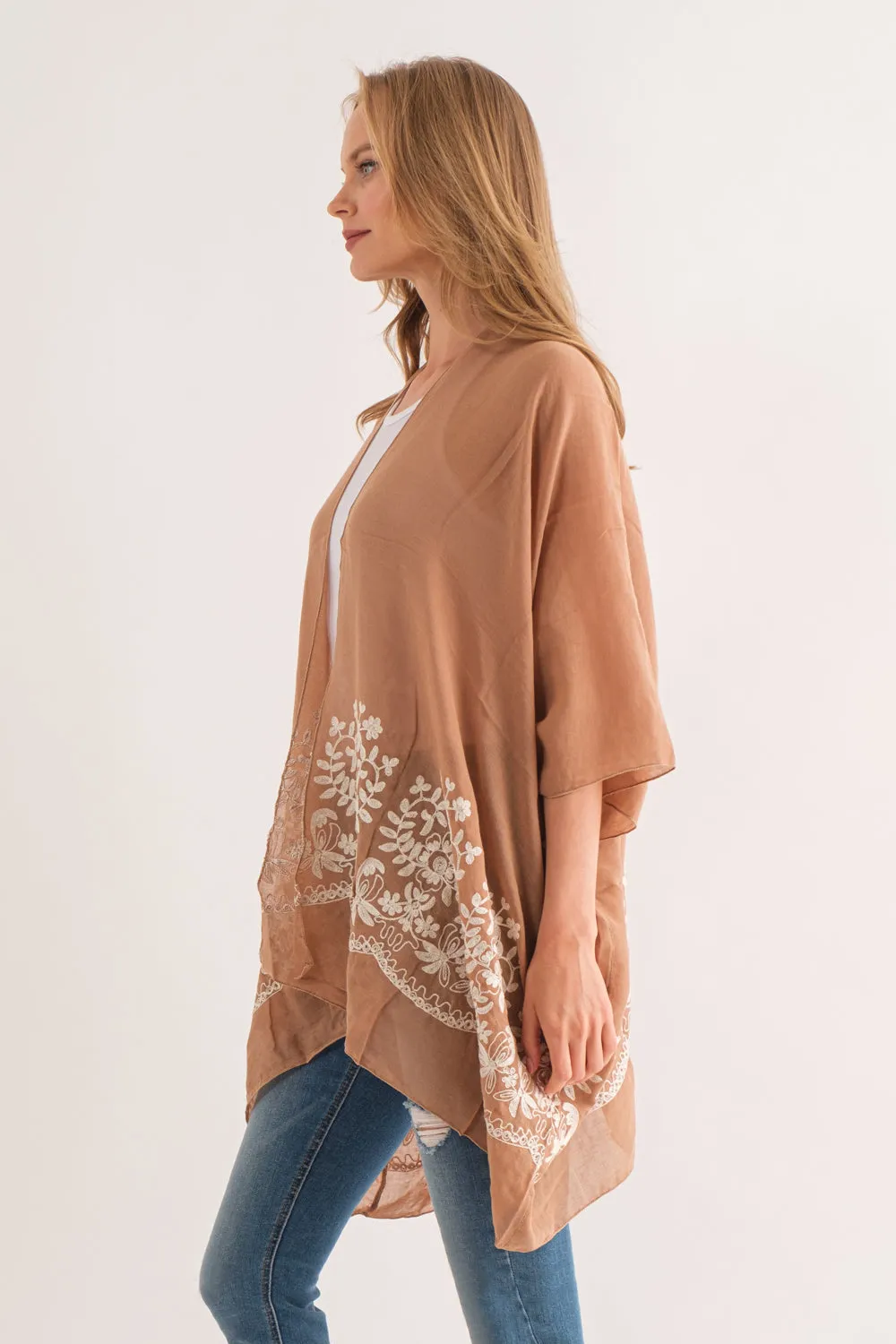 RAJ BLANCHE MOCHA BORDER EMBROIDERED KIMONO