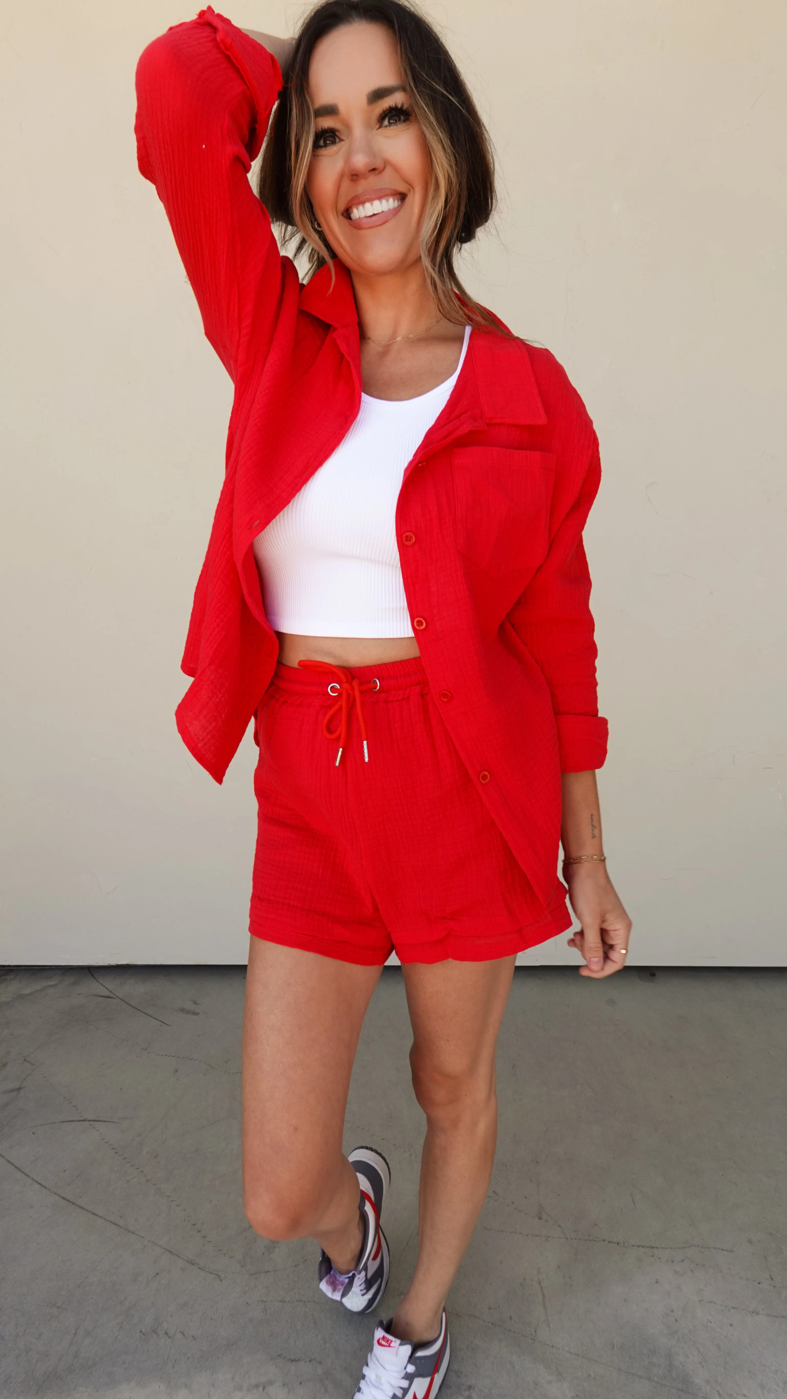 Red Two-Piece Shorts and Button-Down Set