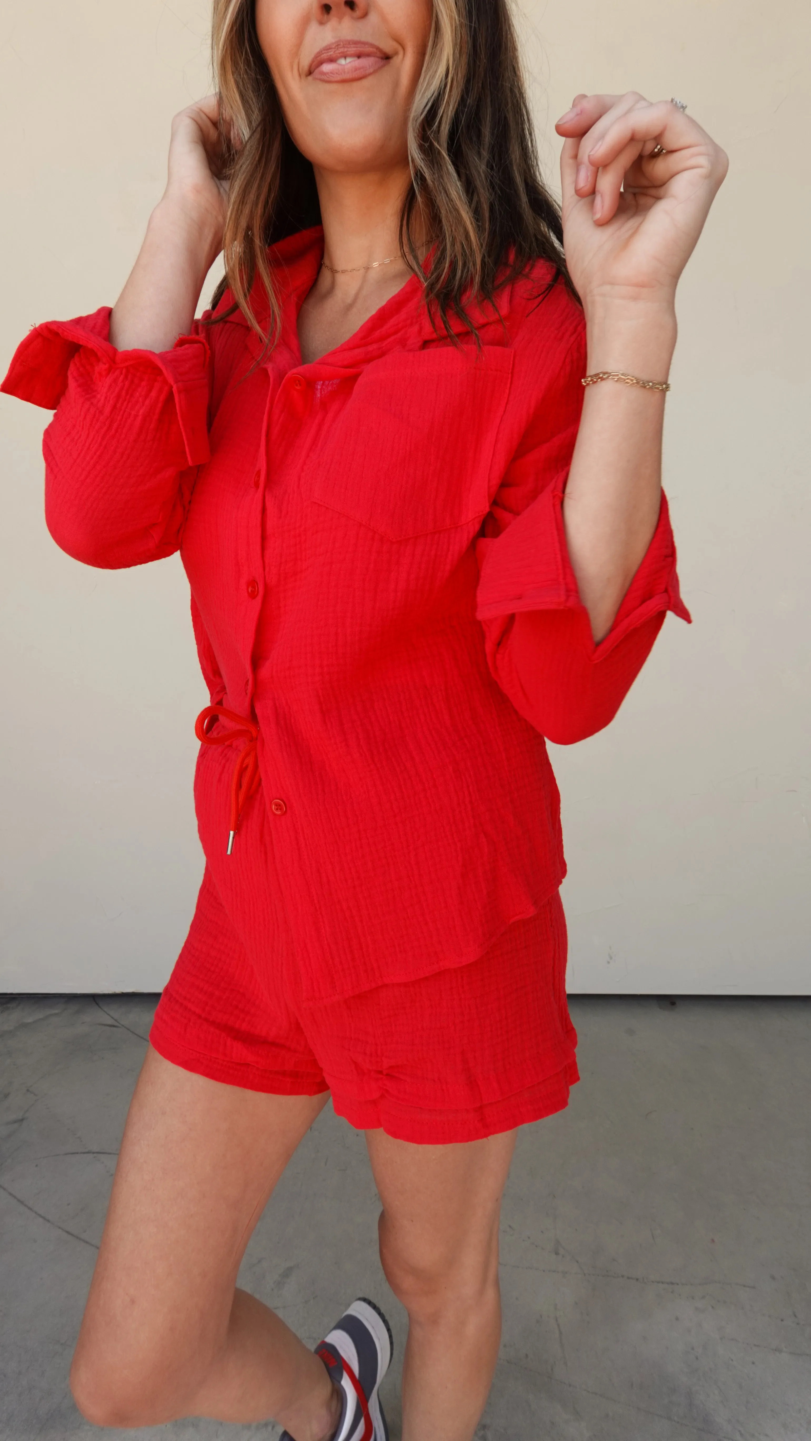 Red Two-Piece Shorts and Button-Down Set