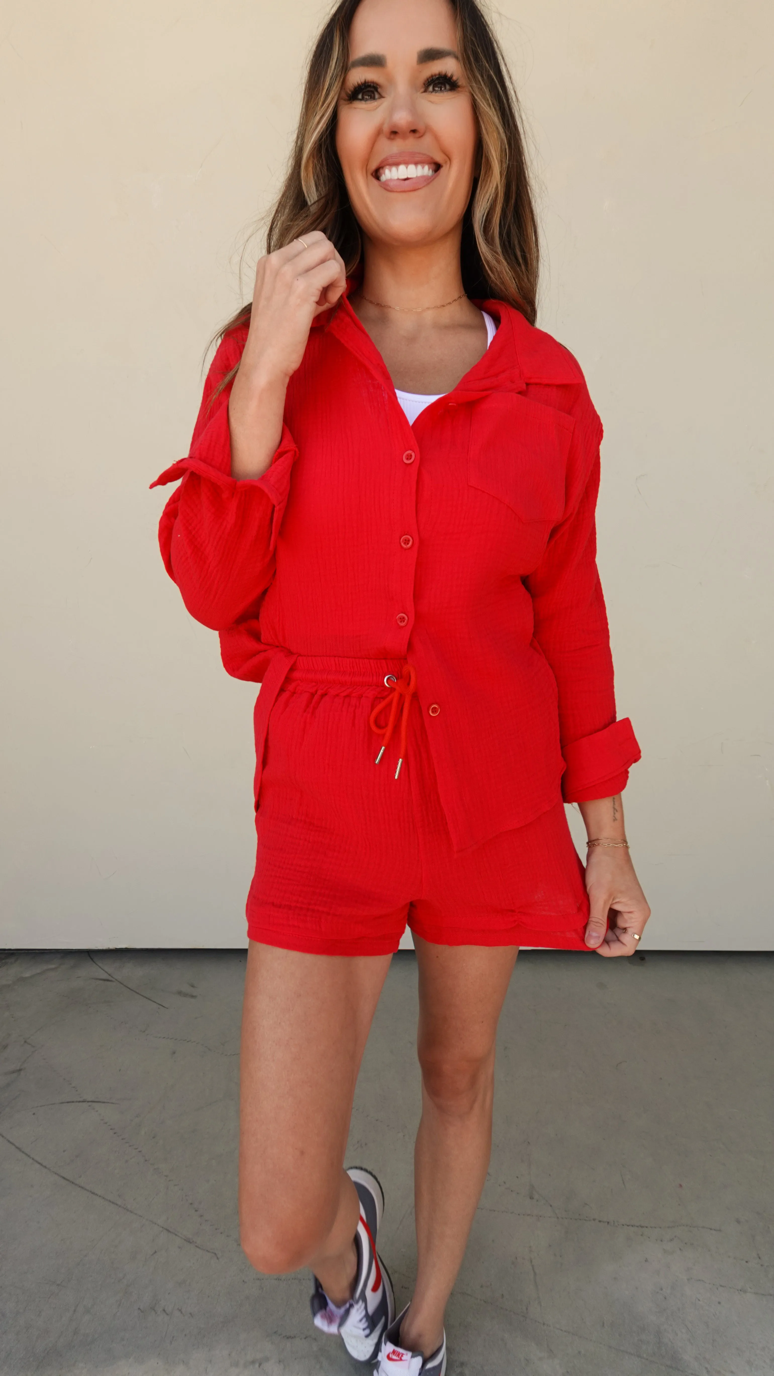 Red Two-Piece Shorts and Button-Down Set