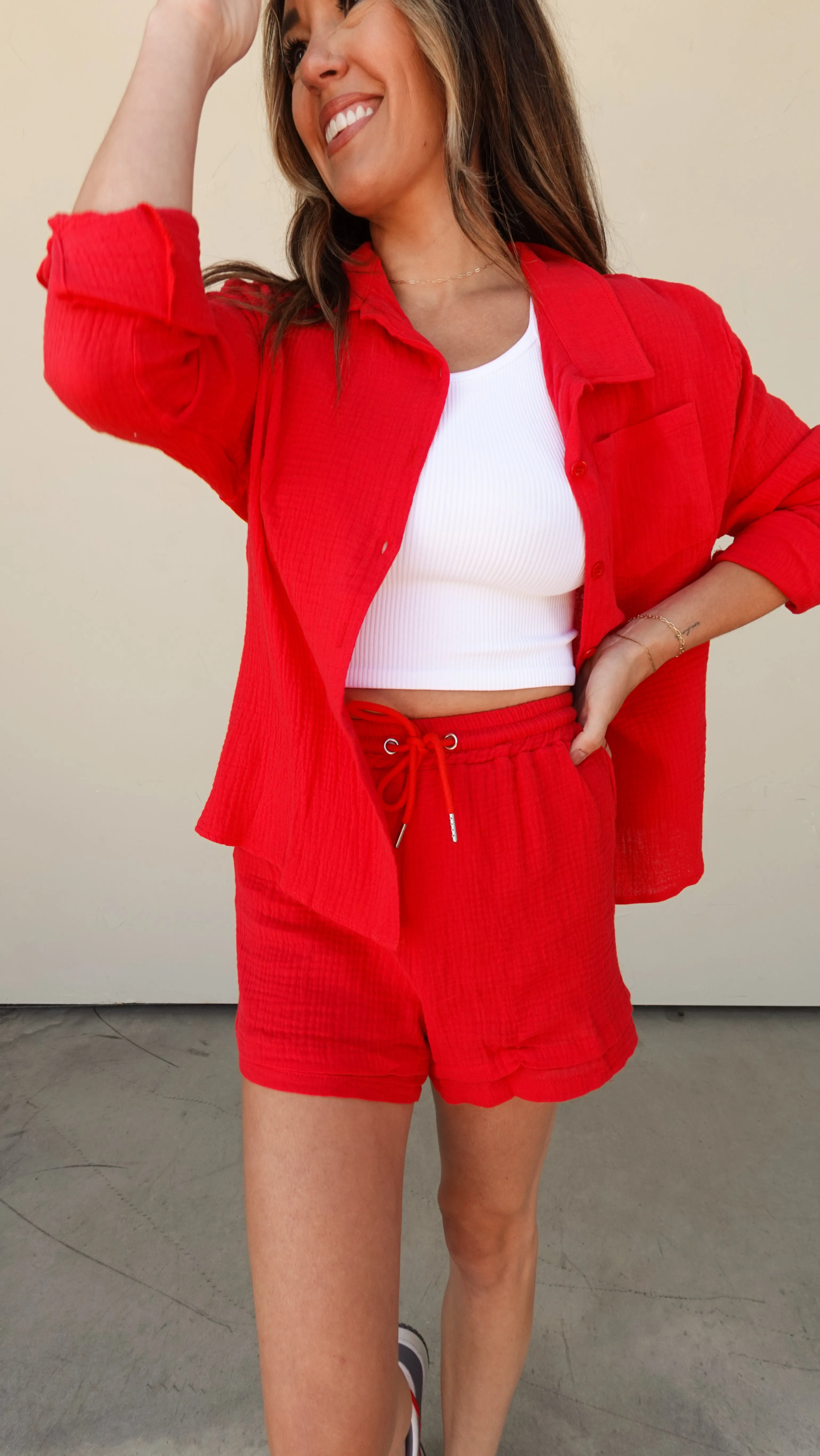 Red Two-Piece Shorts and Button-Down Set