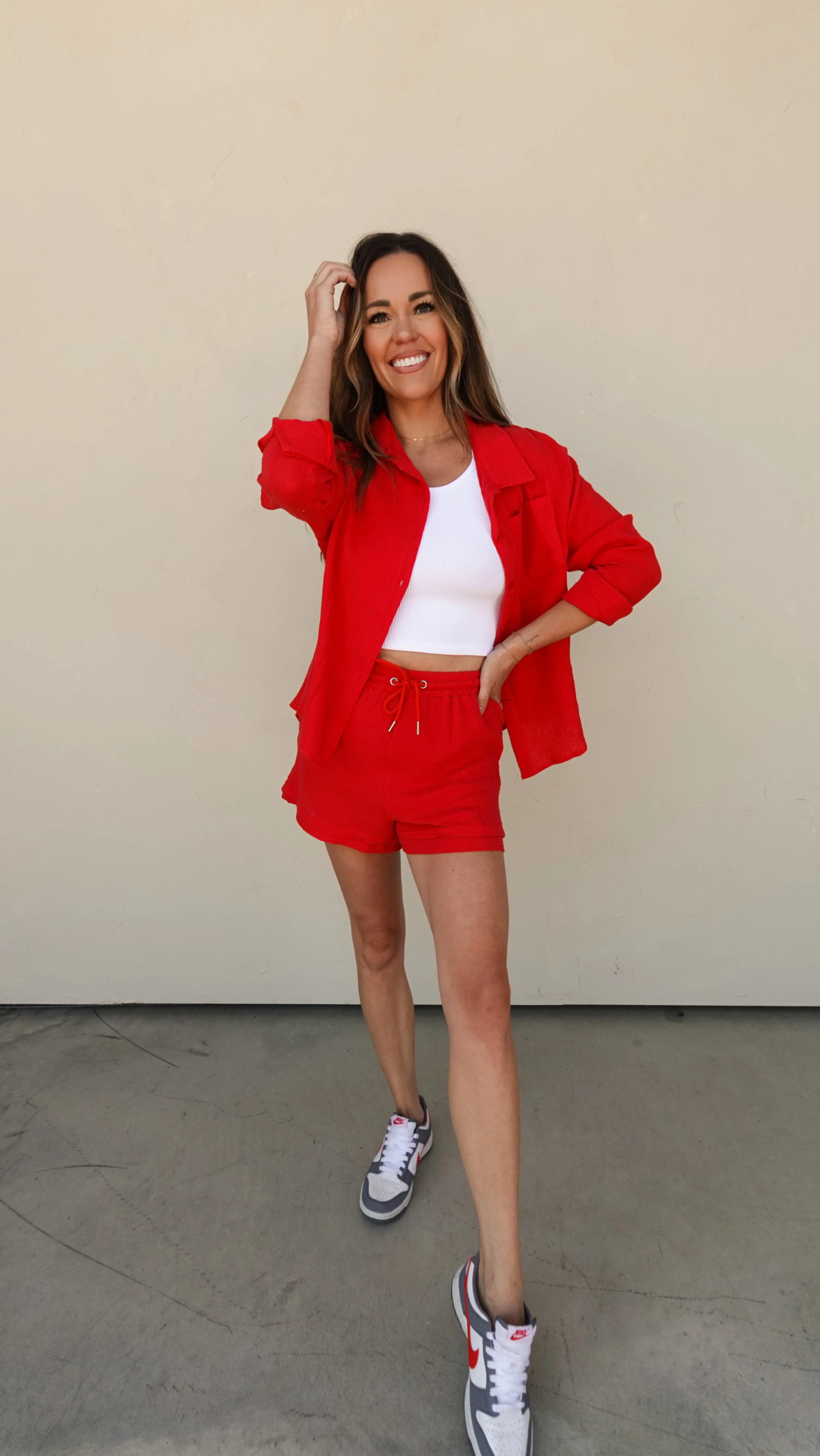 Red Two-Piece Shorts and Button-Down Set