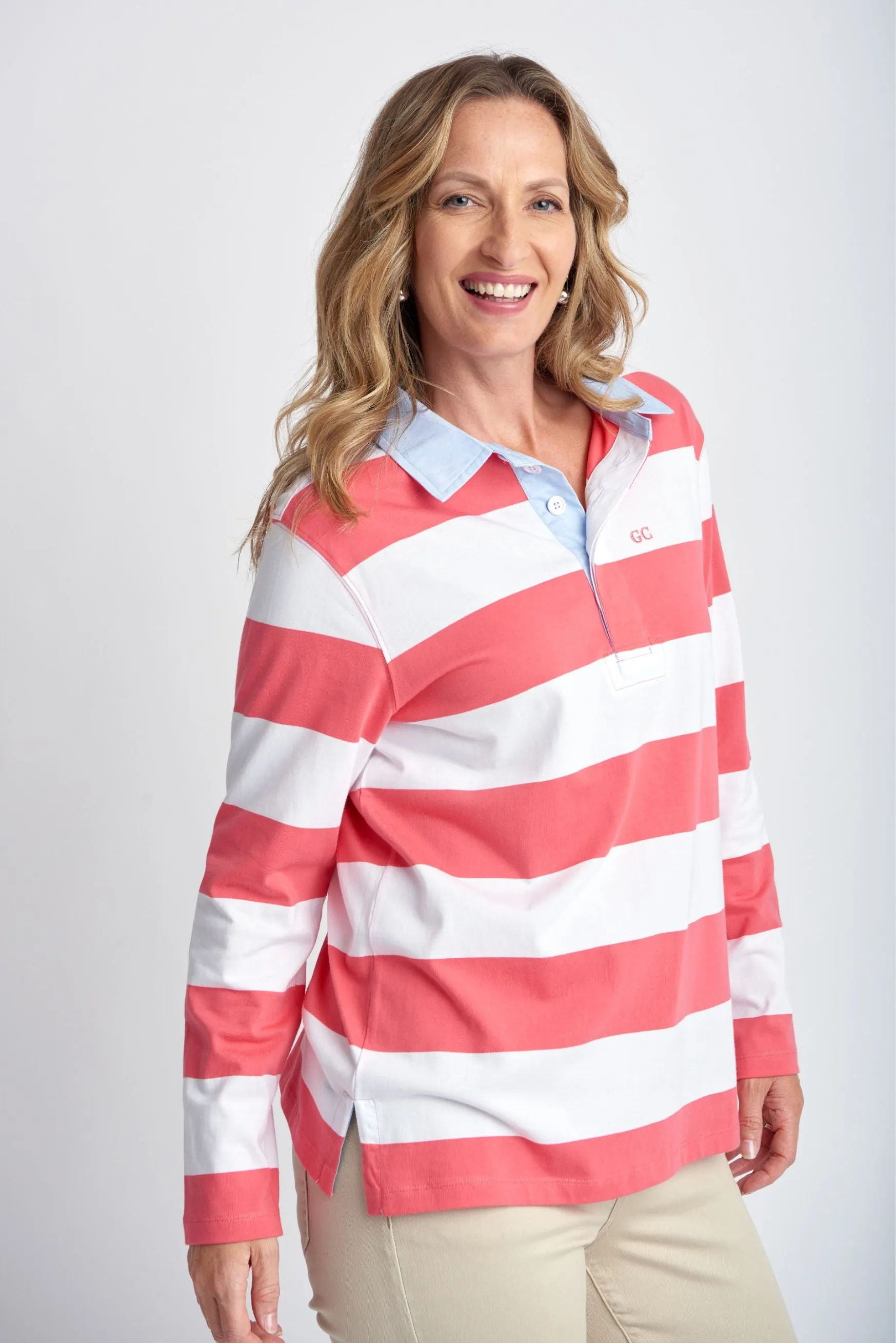 Relaxed Fit Stripe Cotton Rugby Coral/White