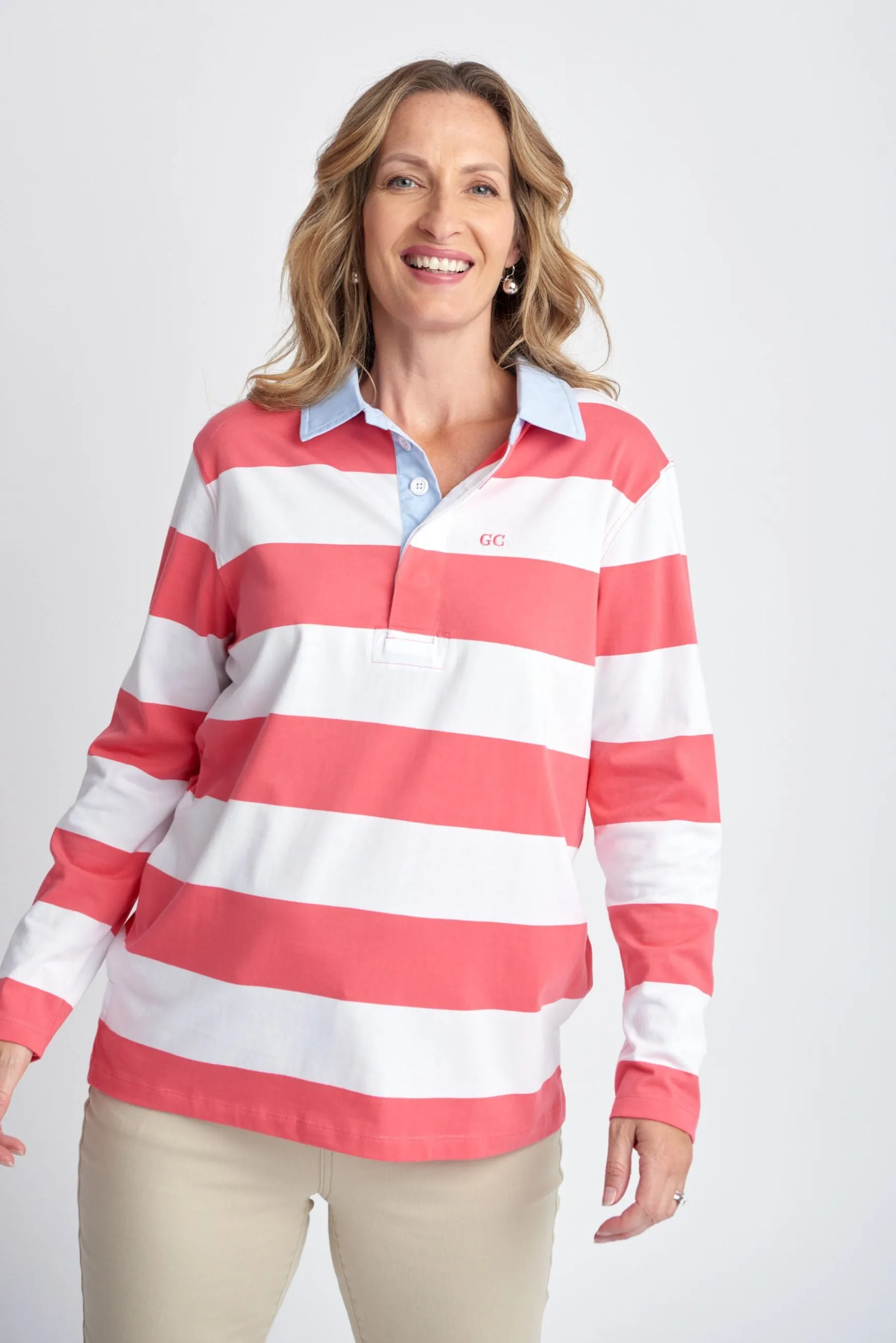 Relaxed Fit Stripe Cotton Rugby Coral/White