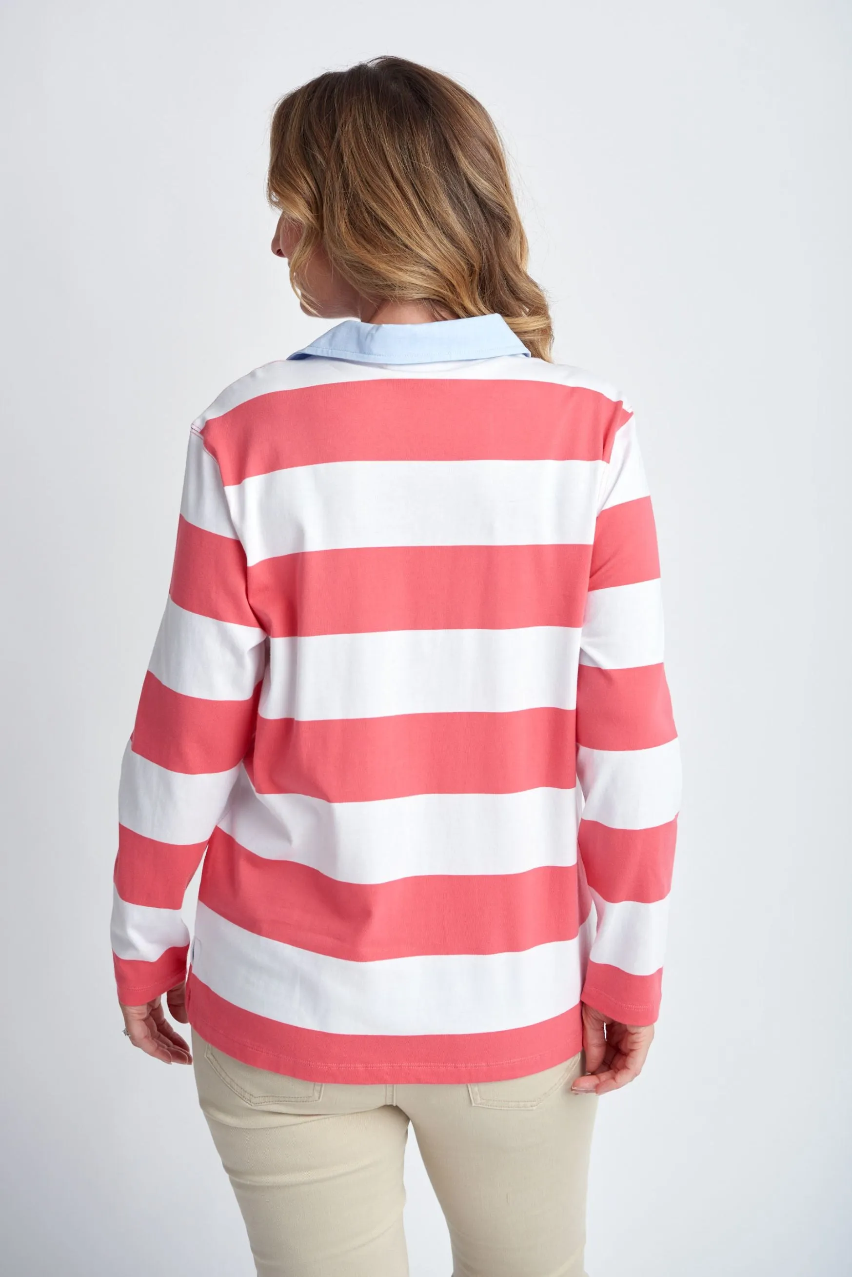 Relaxed Fit Stripe Cotton Rugby Coral/White