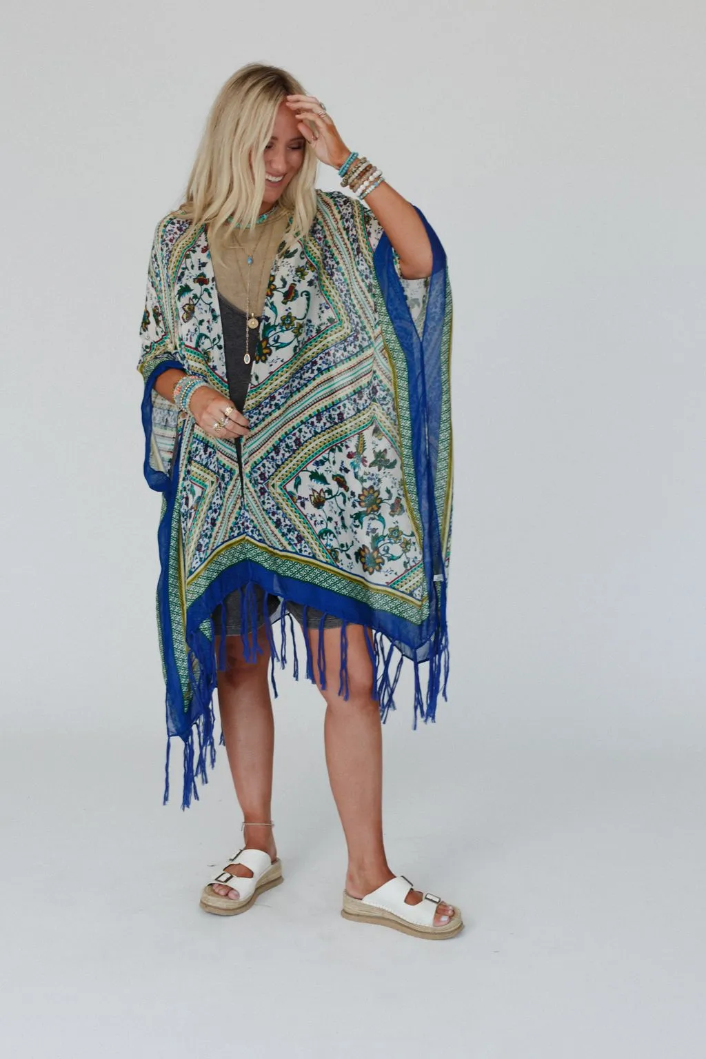 Riviera Border Print Kimono - Blue