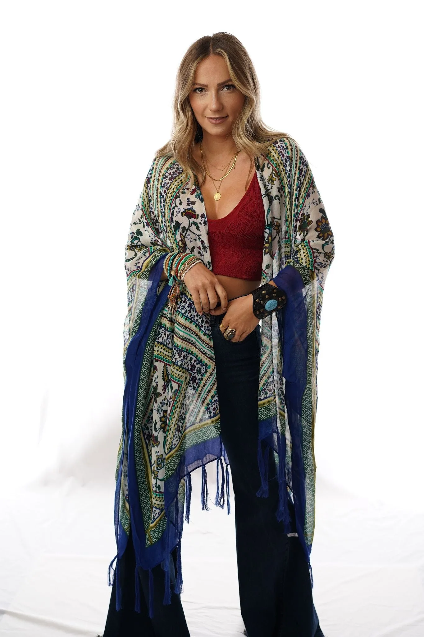 Riviera Border Print Kimono - Blue