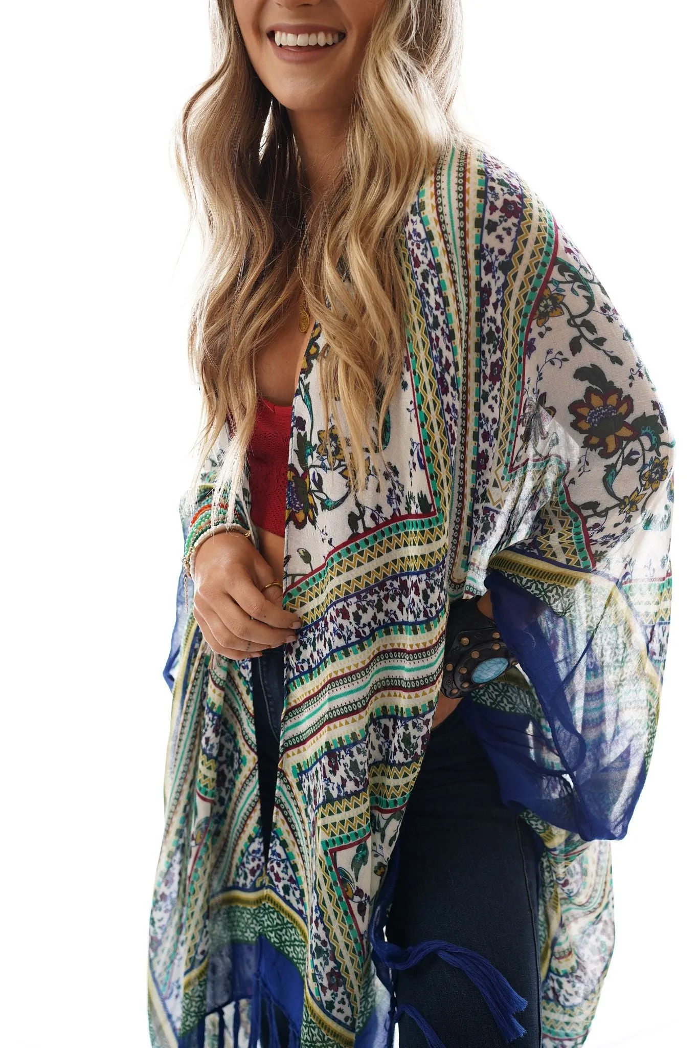 Riviera Border Print Kimono - Blue