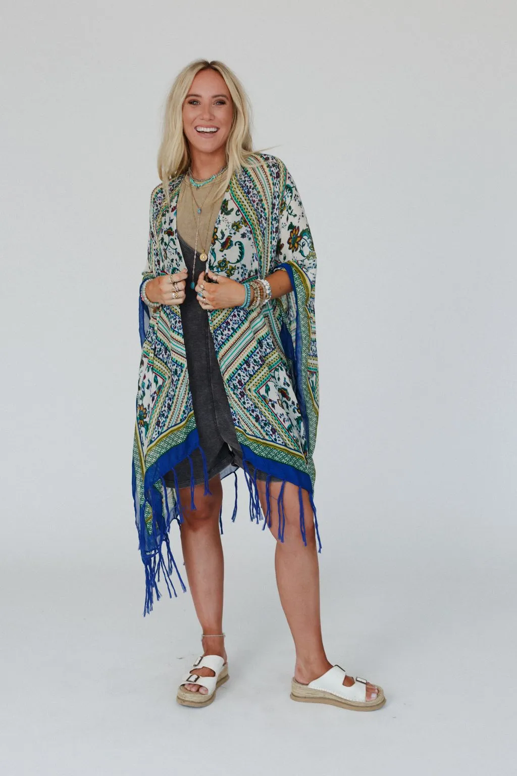 Riviera Border Print Kimono - Blue