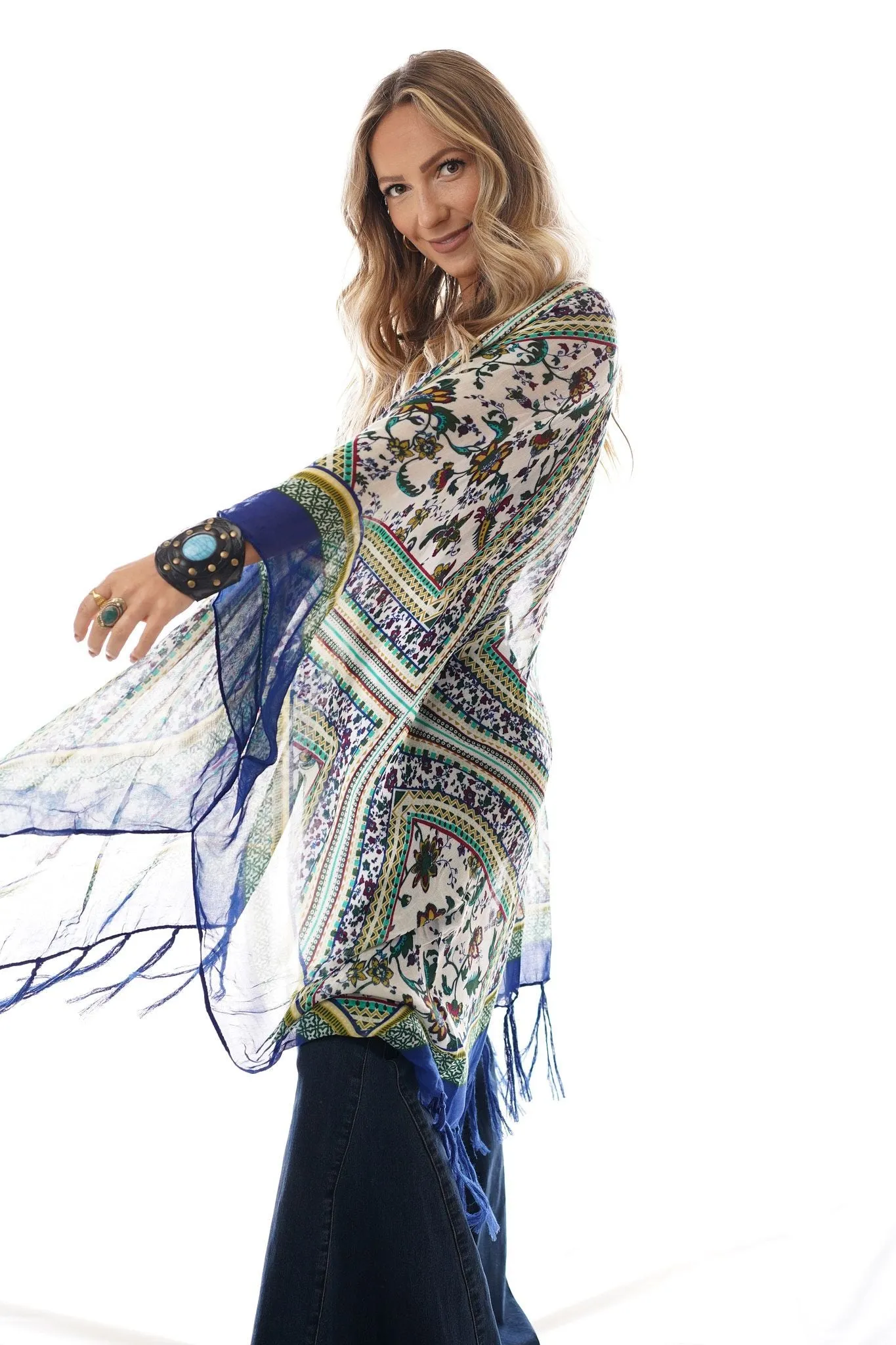 Riviera Border Print Kimono - Blue