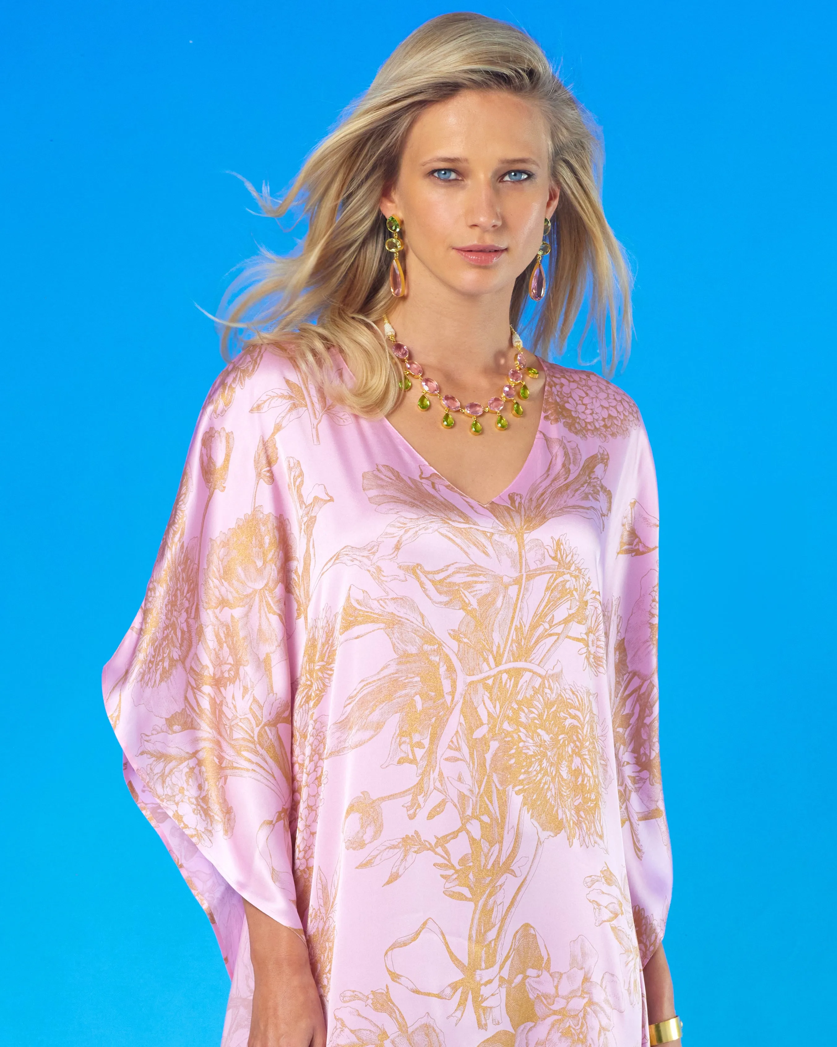 Rosalie Blush Pink Silk Kaftan in Gold Floral Toile