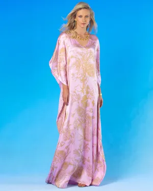 Rosalie Blush Pink Silk Kaftan in Gold Floral Toile