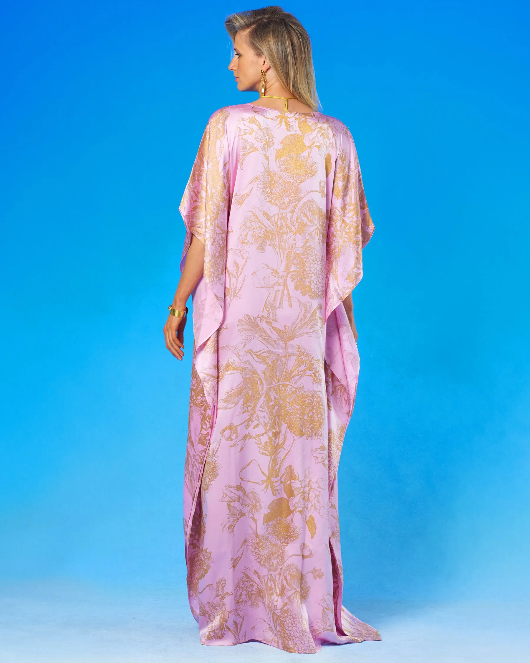 Rosalie Blush Pink Silk Kaftan in Gold Floral Toile