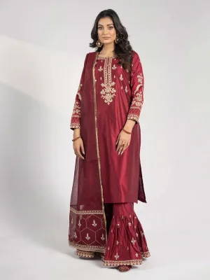 Sha Posh Chambray Katan Gharara Suit - Maroon