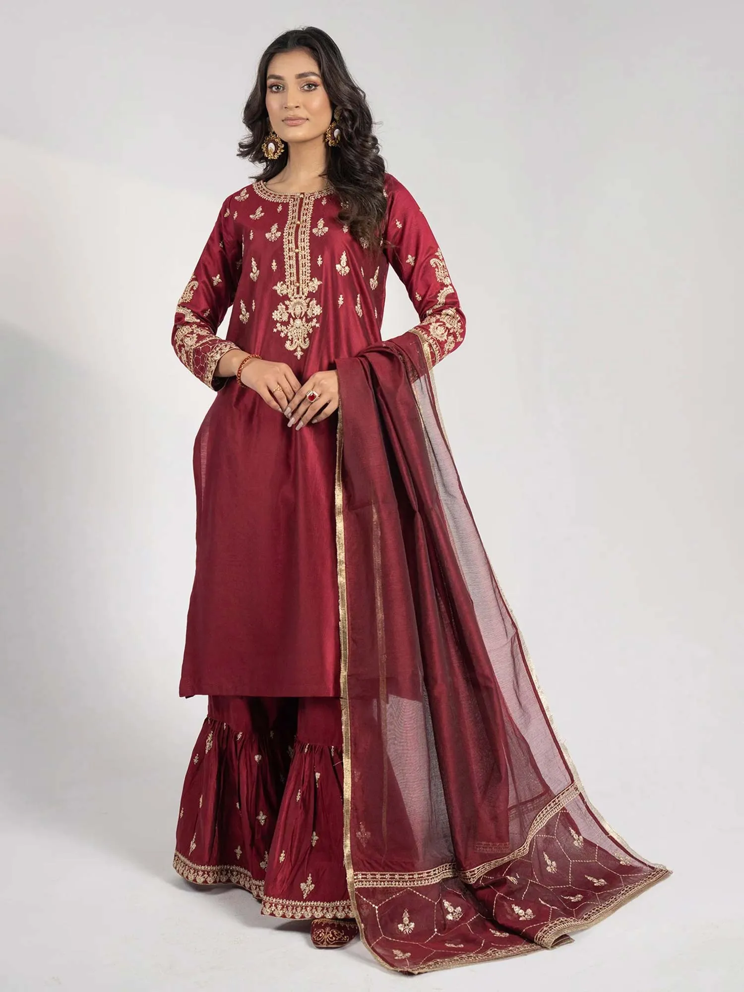 Sha Posh Chambray Katan Gharara Suit - Maroon