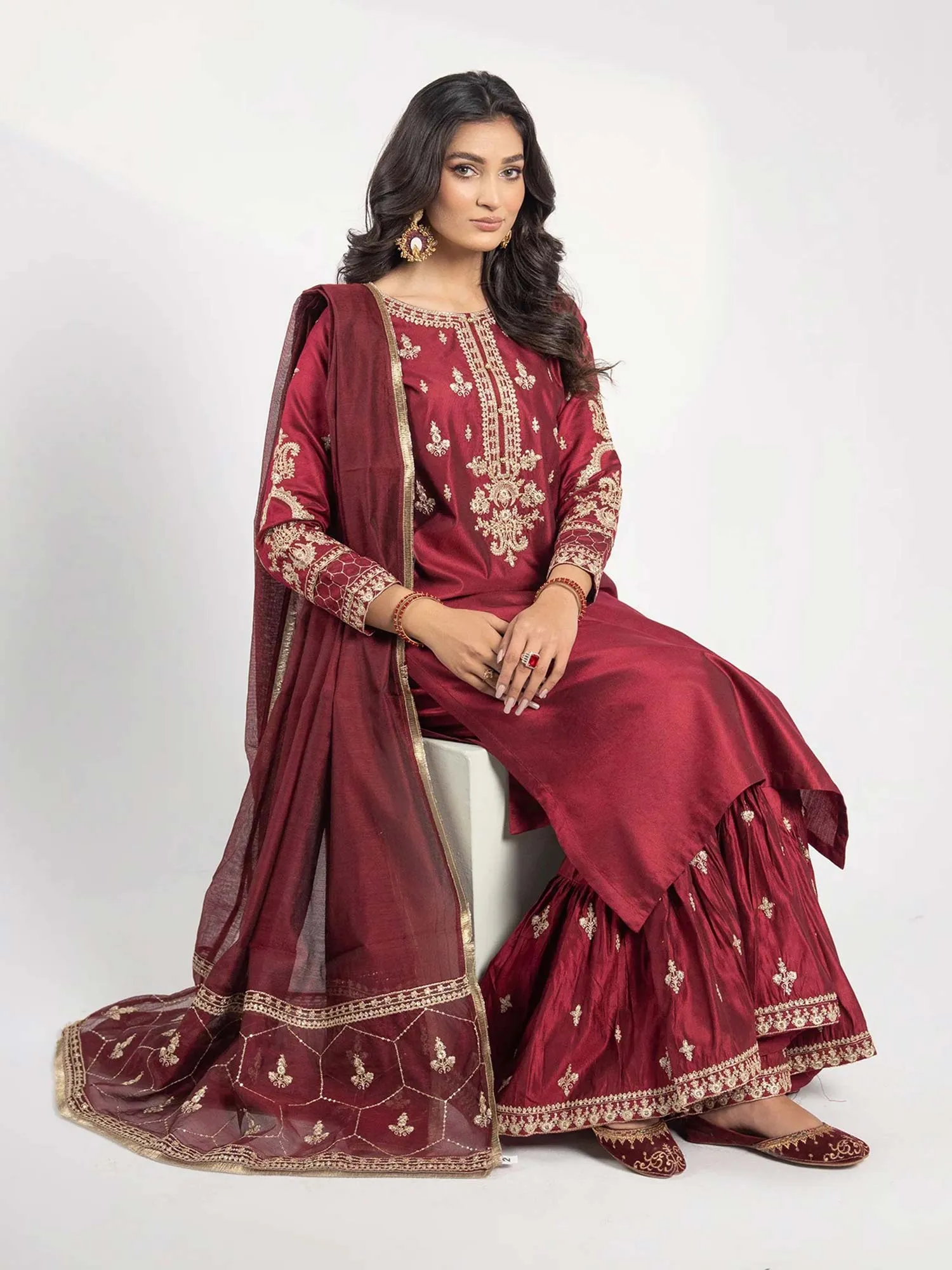 Sha Posh Chambray Katan Gharara Suit - Maroon