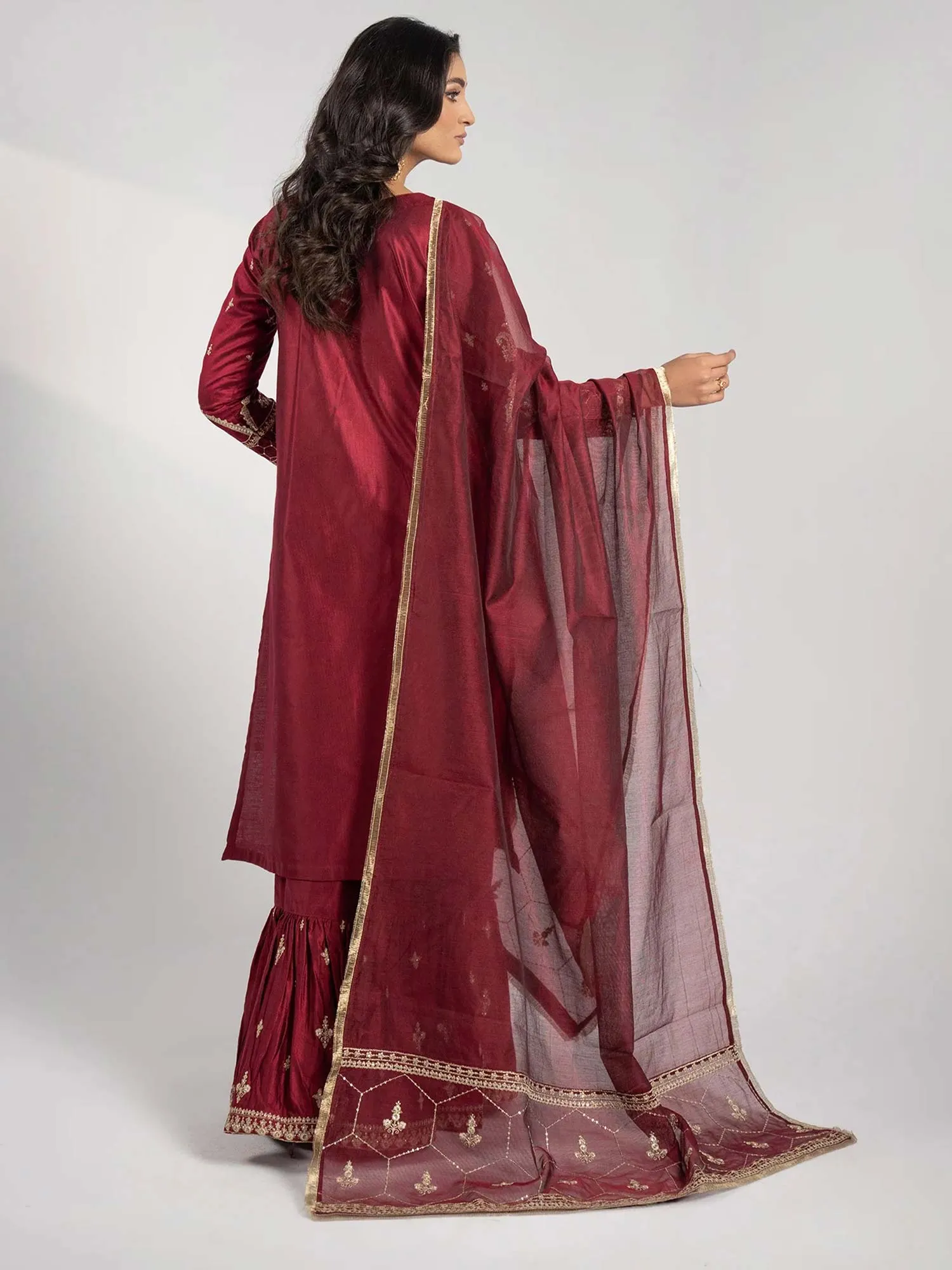 Sha Posh Chambray Katan Gharara Suit - Maroon