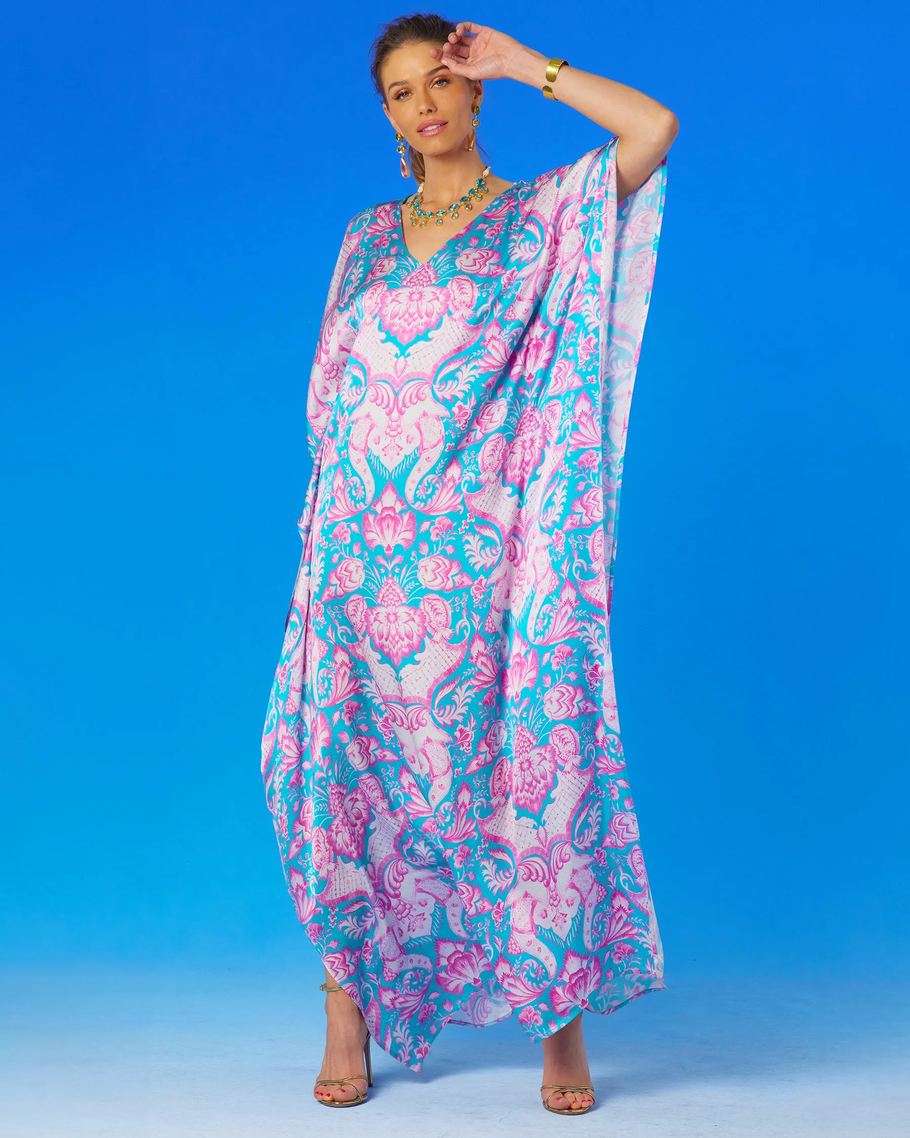 Shalimar Silk Kaftan in Pink and Blue