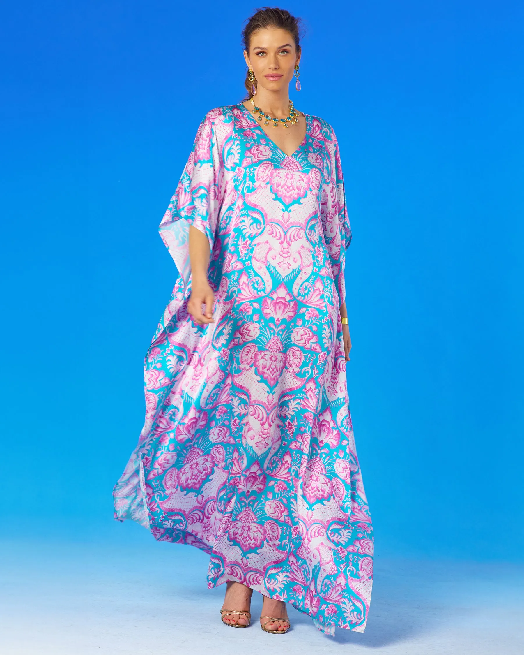 Shalimar Silk Kaftan in Pink and Blue