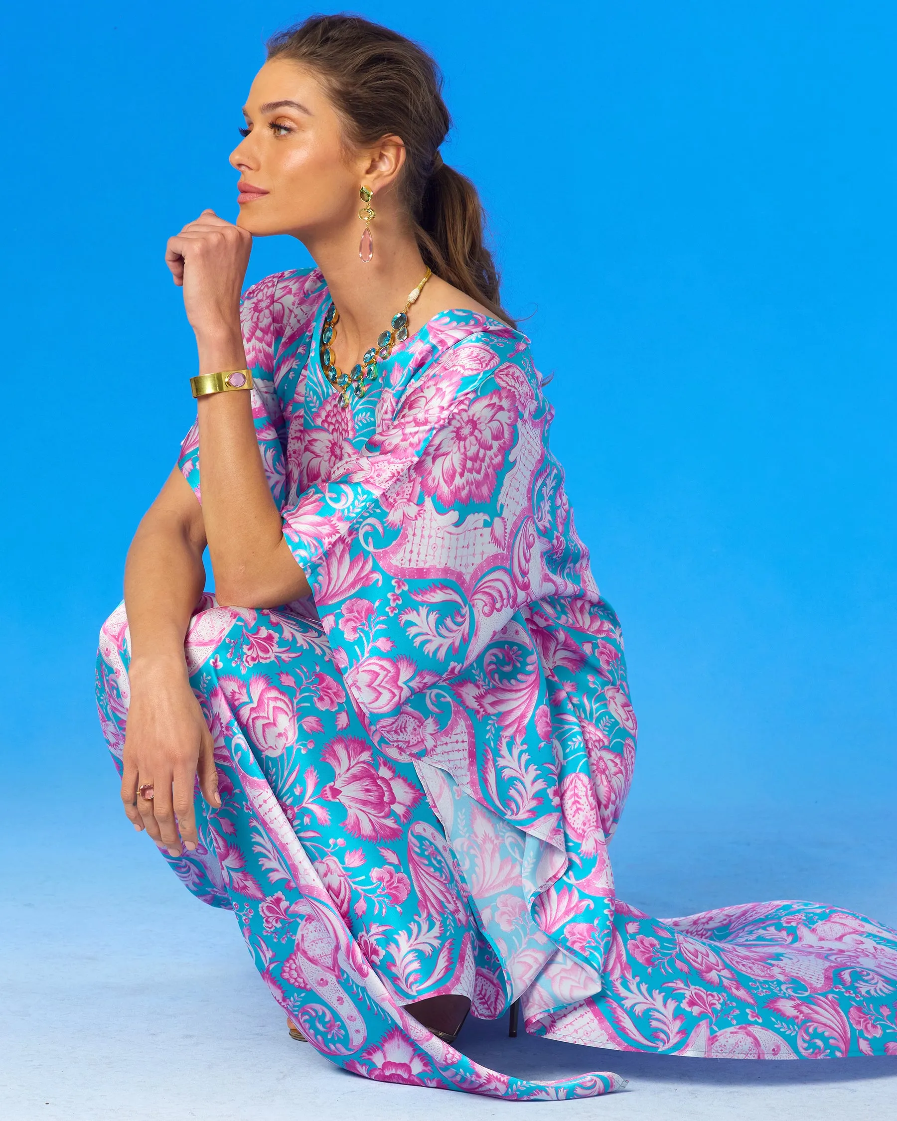 Shalimar Silk Kaftan in Pink and Blue