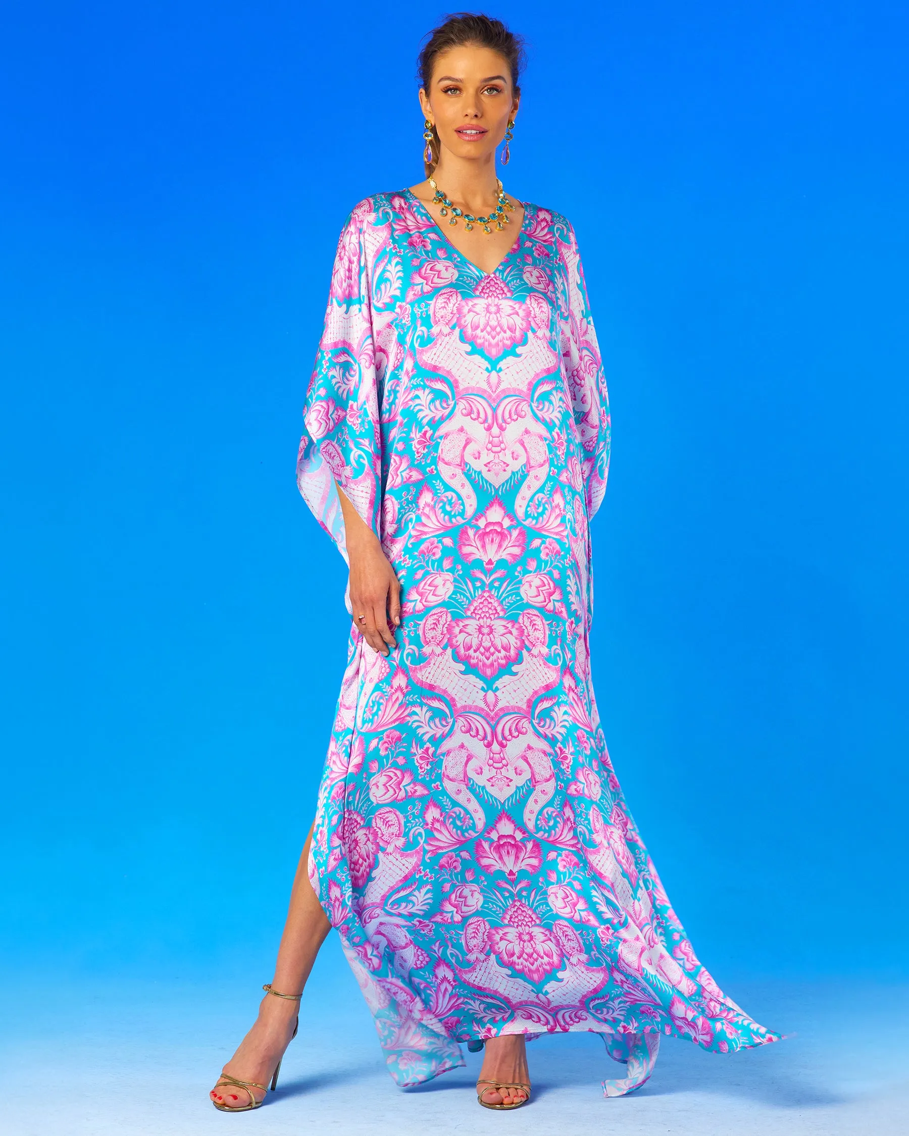 Shalimar Silk Kaftan in Pink and Blue