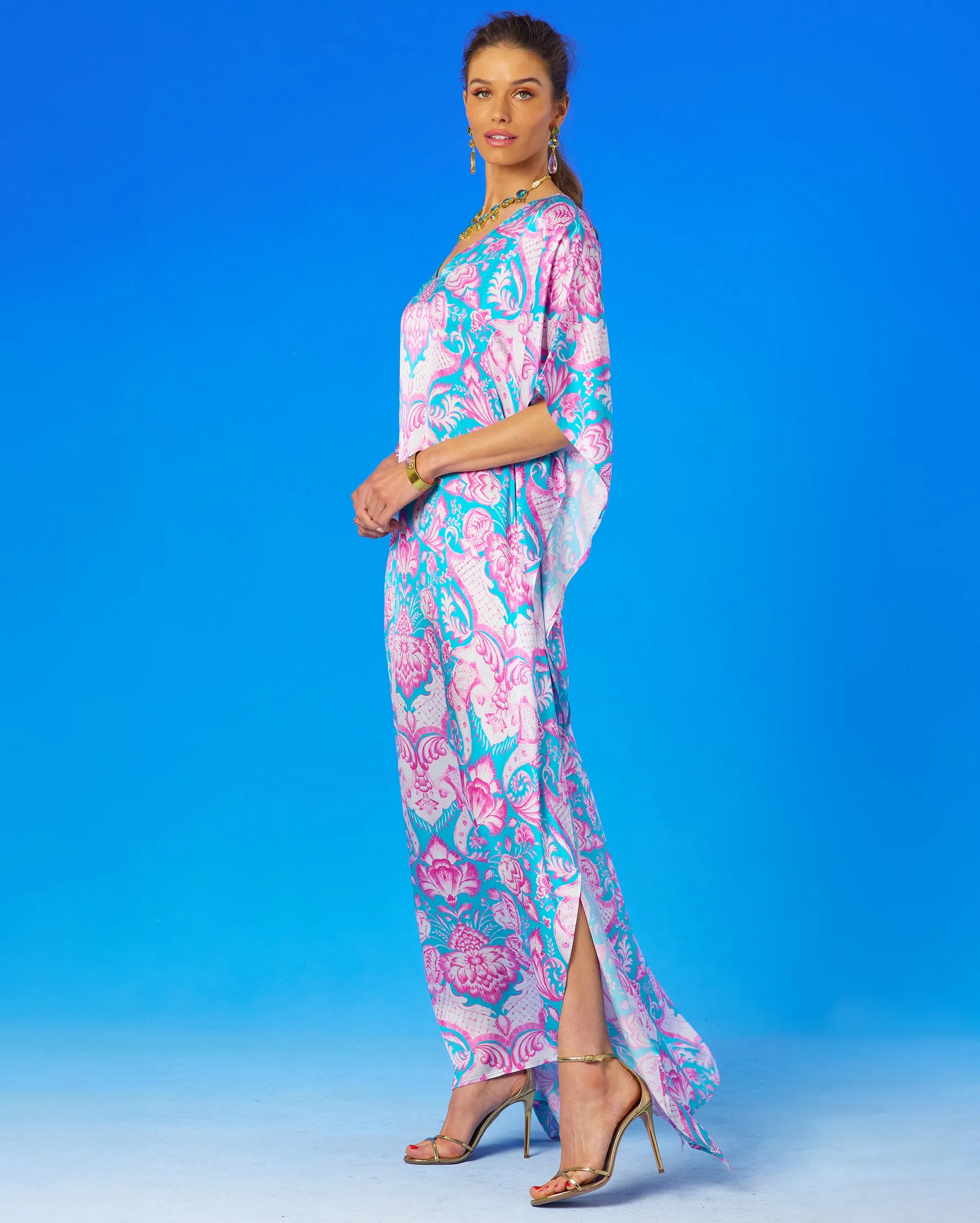 Shalimar Silk Kaftan in Pink and Blue