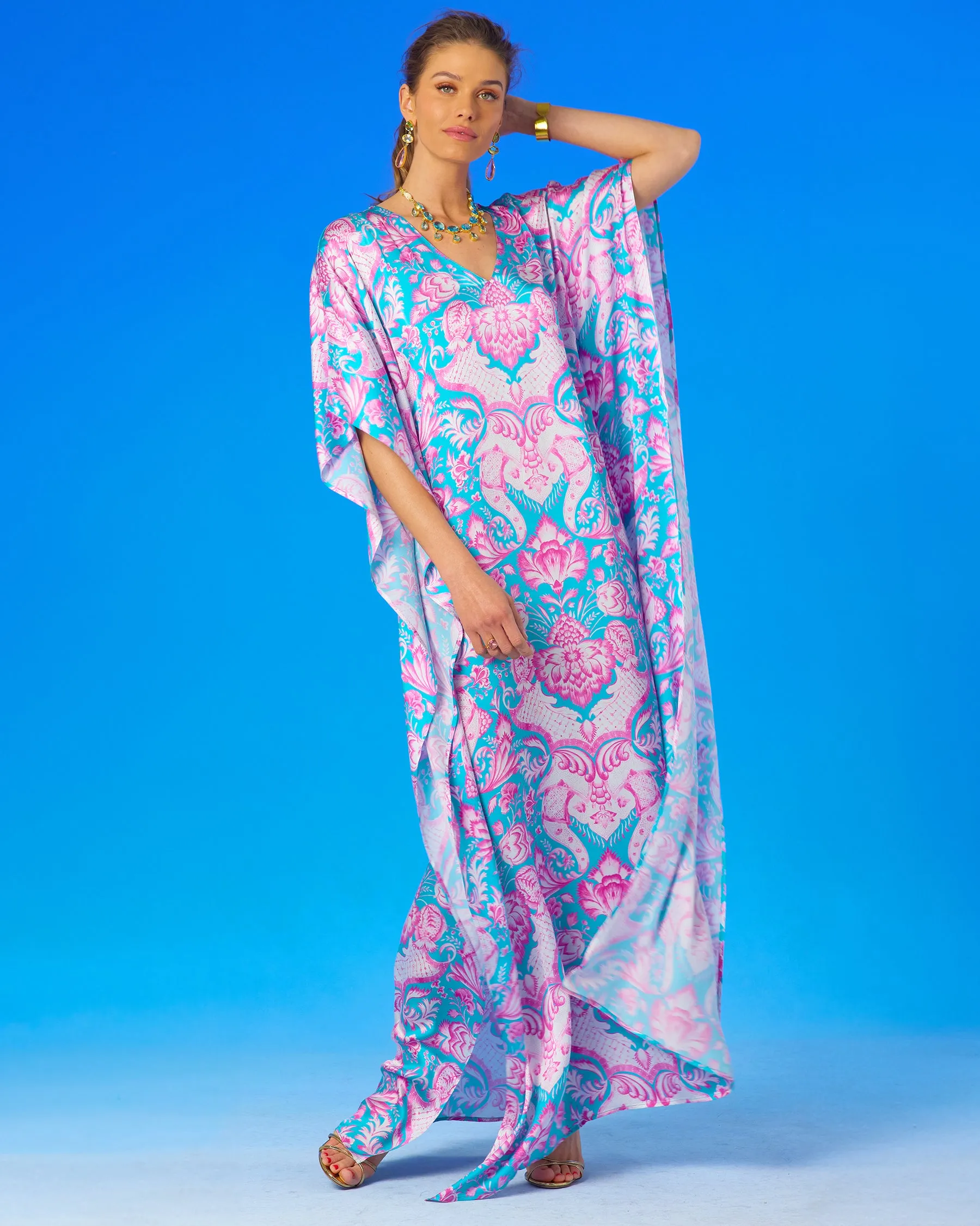 Shalimar Silk Kaftan in Pink and Blue