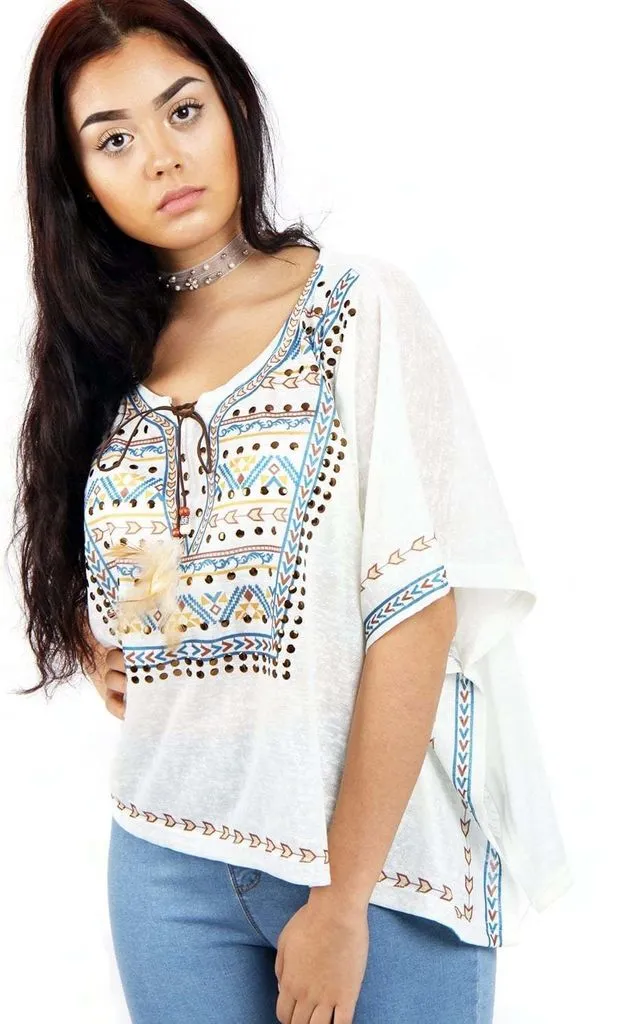 Short Aztec Feather Tassel Boho Kaftan Top