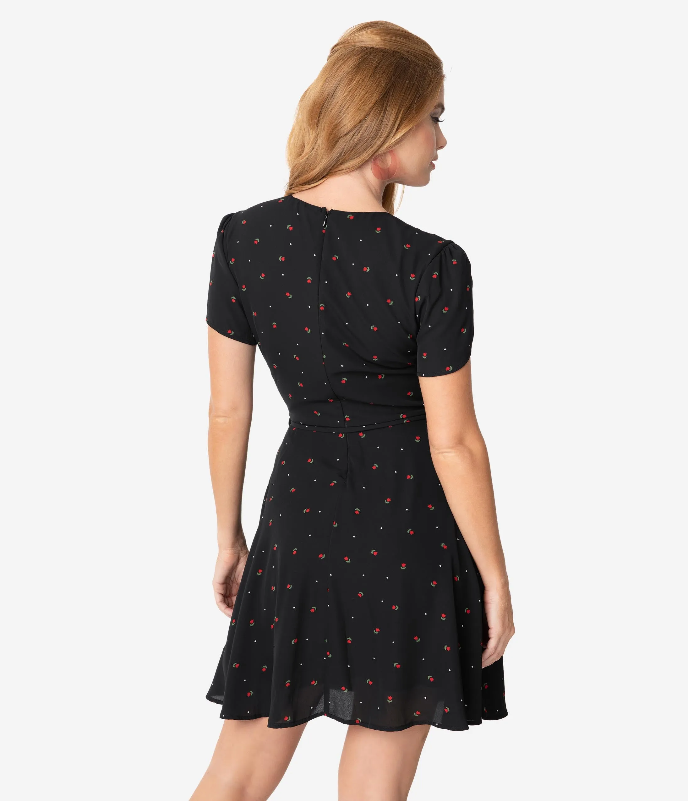 Smak Parlour Black Floral & Pin Dot Print Pretty Woke Flare Dress