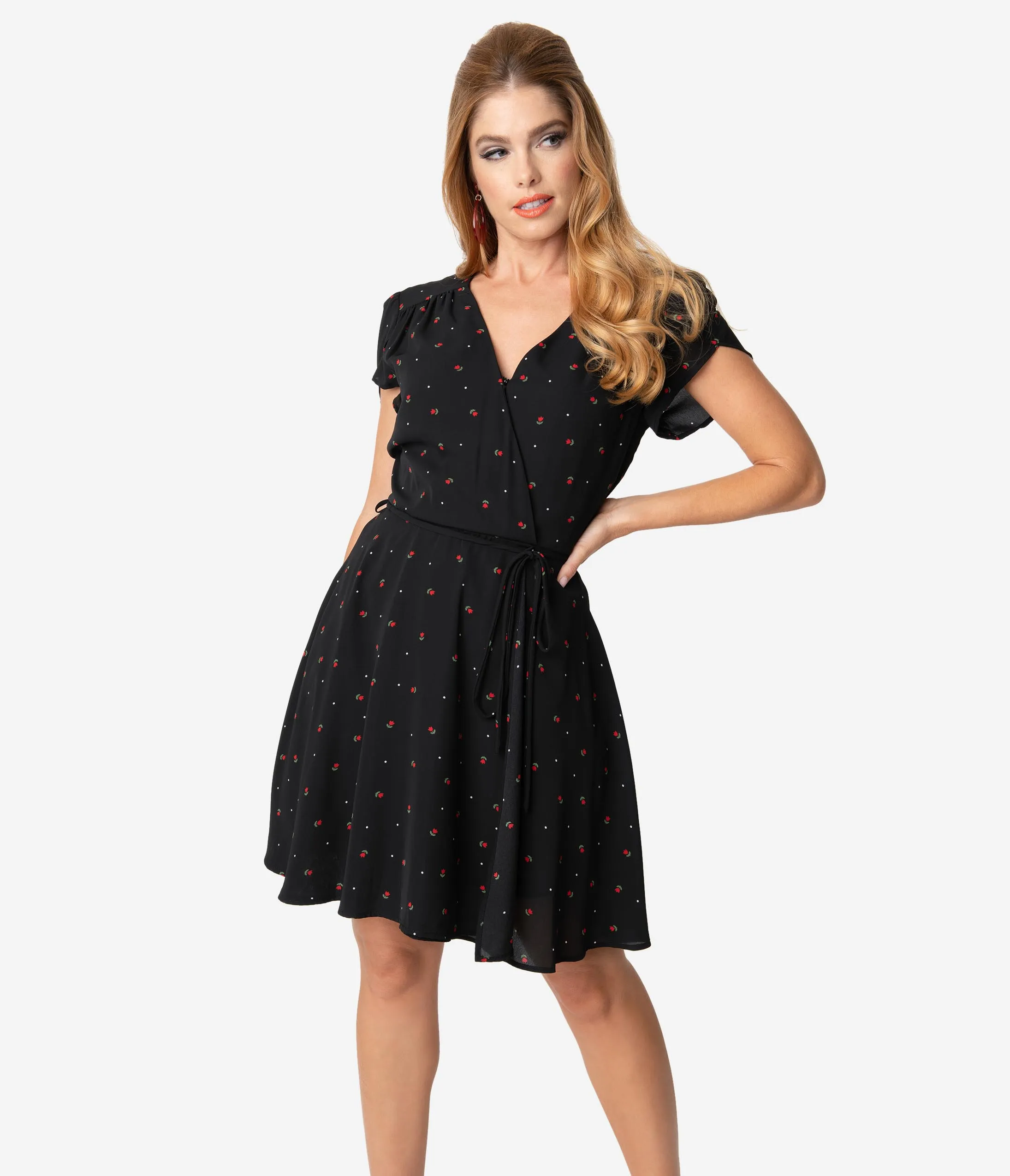 Smak Parlour Black Floral & Pin Dot Print Pretty Woke Flare Dress