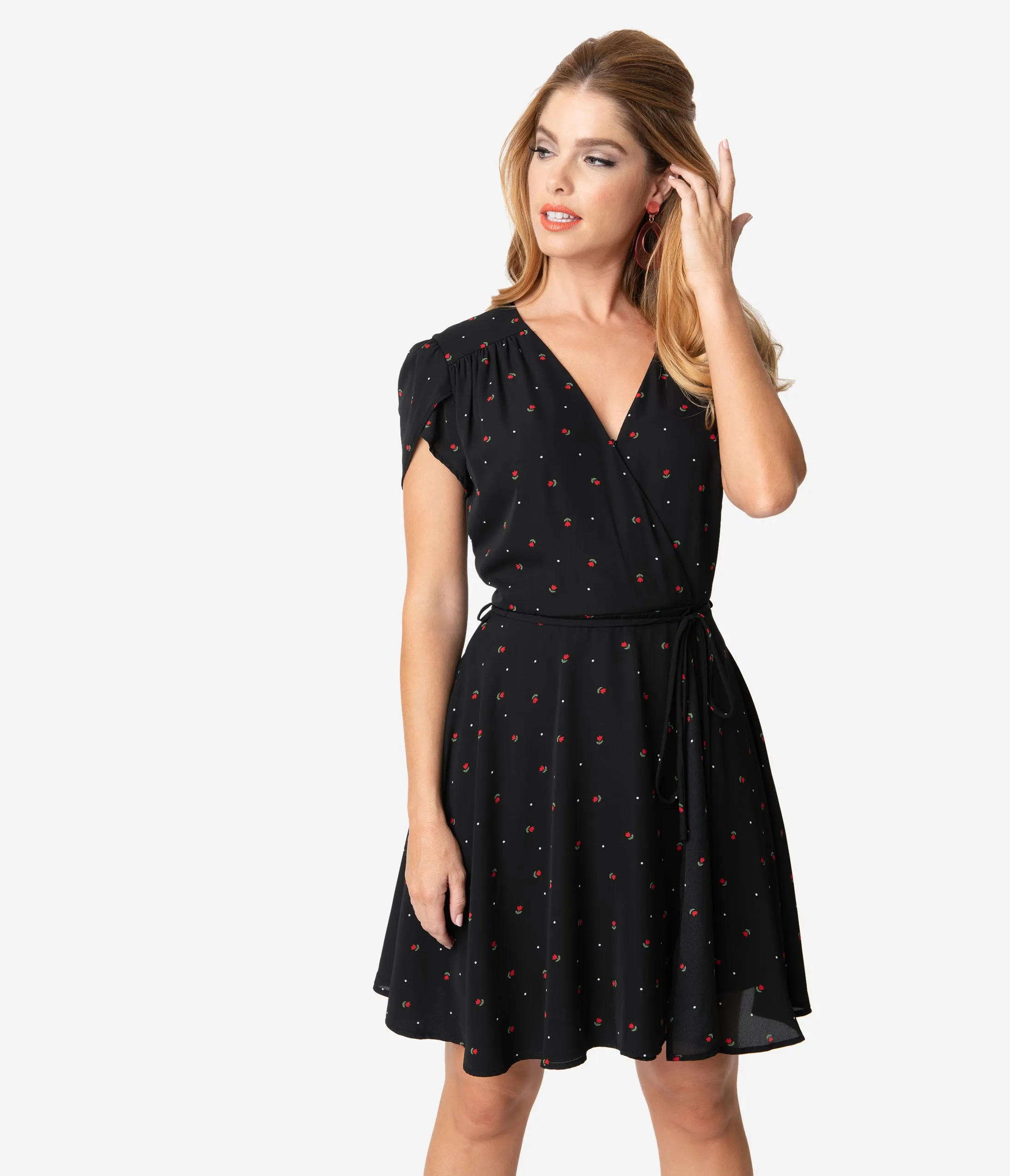 Smak Parlour Black Floral & Pin Dot Print Pretty Woke Flare Dress