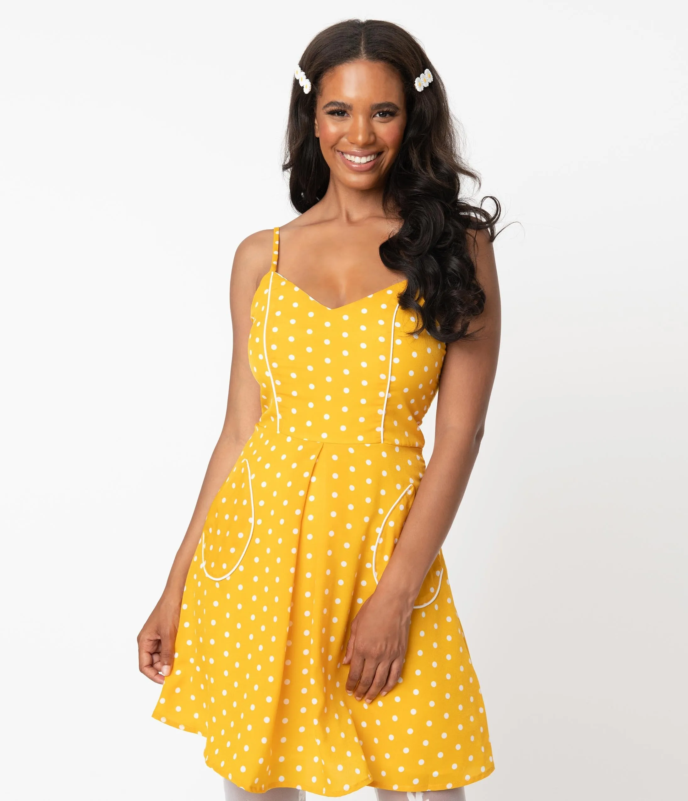 Smak Parlour Golden Yellow Polka Dot Eternal Optimist Flare Dress