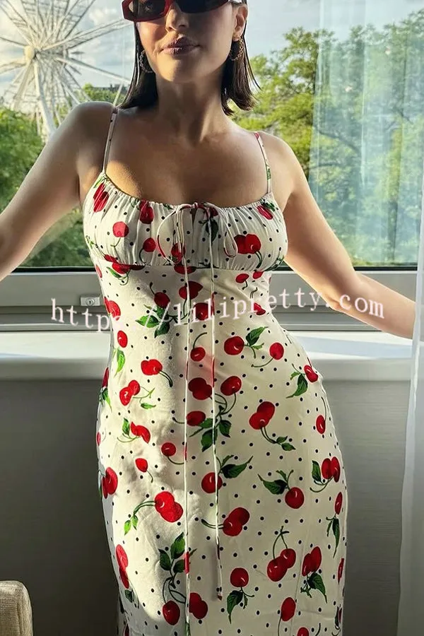 Summer Fragrance Polka Dot Cherry Print Tie-up Slip Maxi Dress