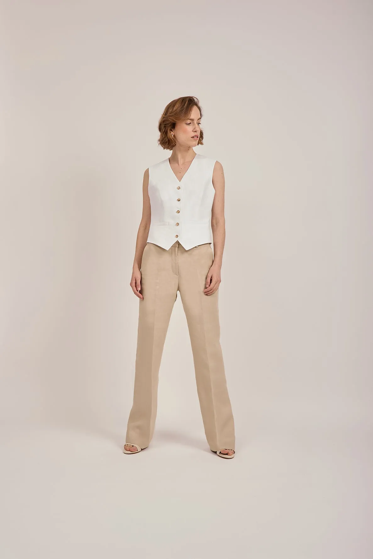 Tailored Waistcoat in White Linen by Anna James