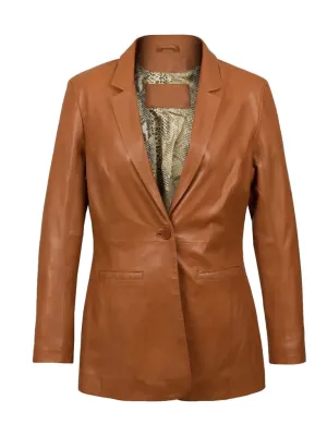 Tan Brown Genuine Leather Long Blazer