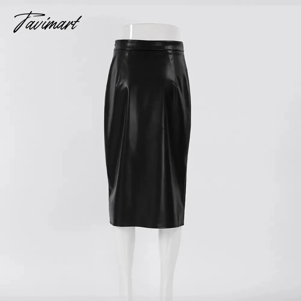 Tavimart Autumn Winter Women Sexy Midi Leather Skirts Solid Black High Waist Office Pencil Slit Skirt For Women