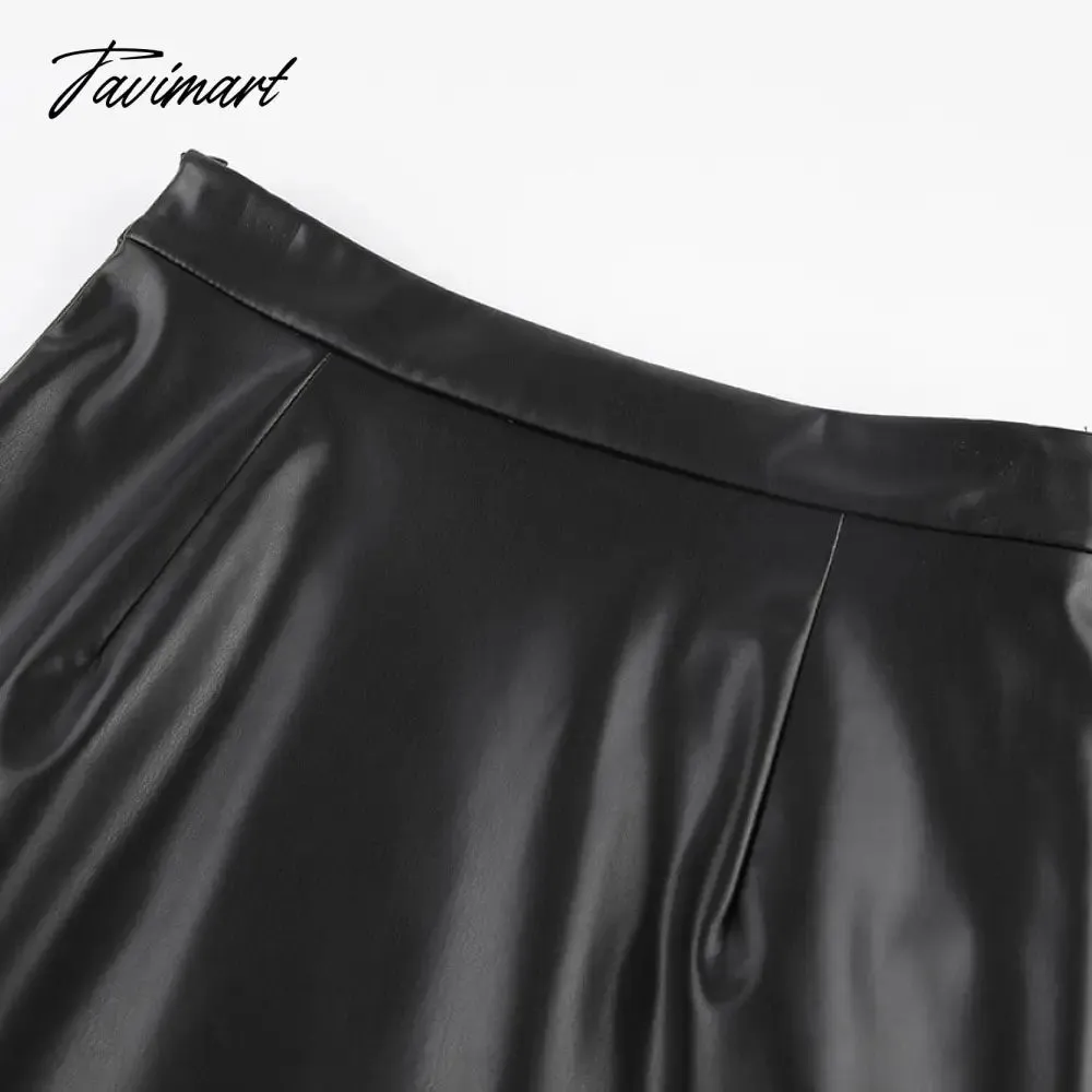 Tavimart Autumn Winter Women Sexy Midi Leather Skirts Solid Black High Waist Office Pencil Slit Skirt For Women