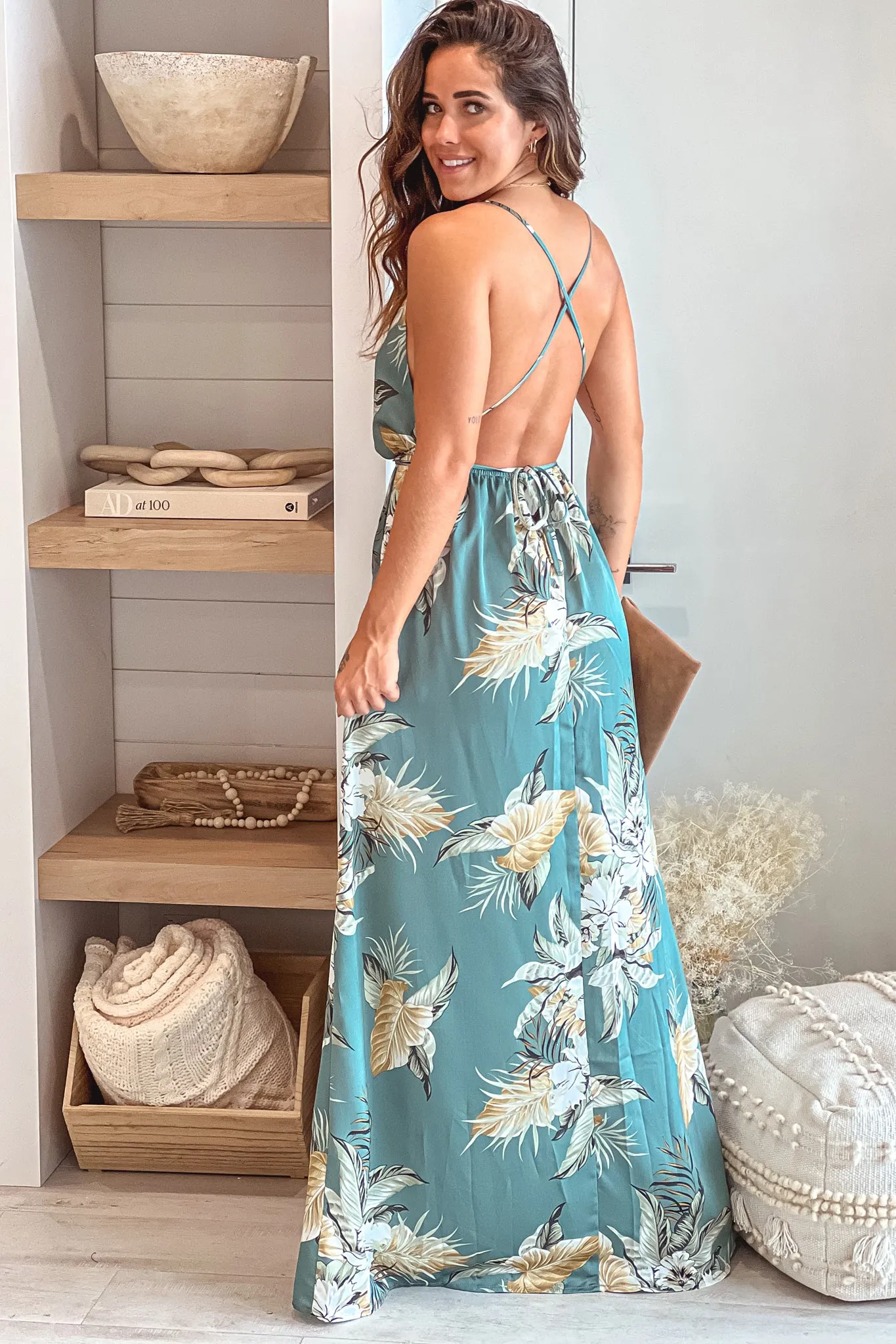 Teal Floral Halter Neck Maxi Dress With Slit