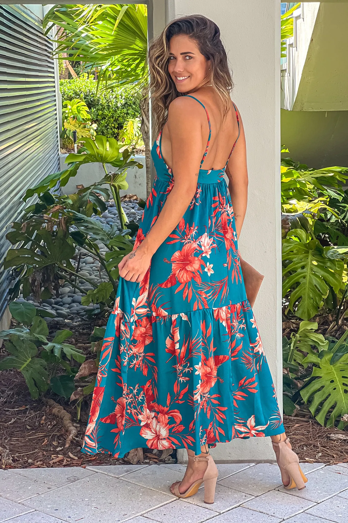 Teal Floral Maxi Dress With Front Detail