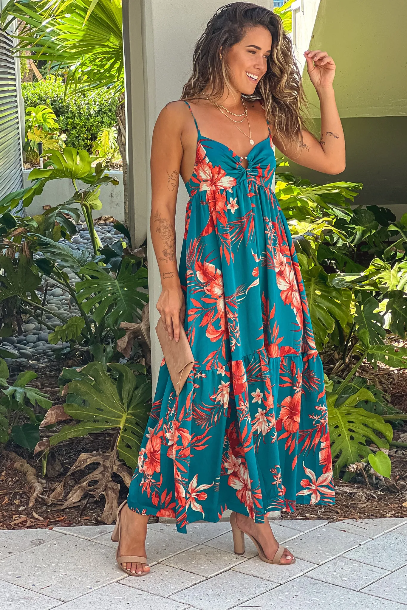 Teal Floral Maxi Dress With Front Detail